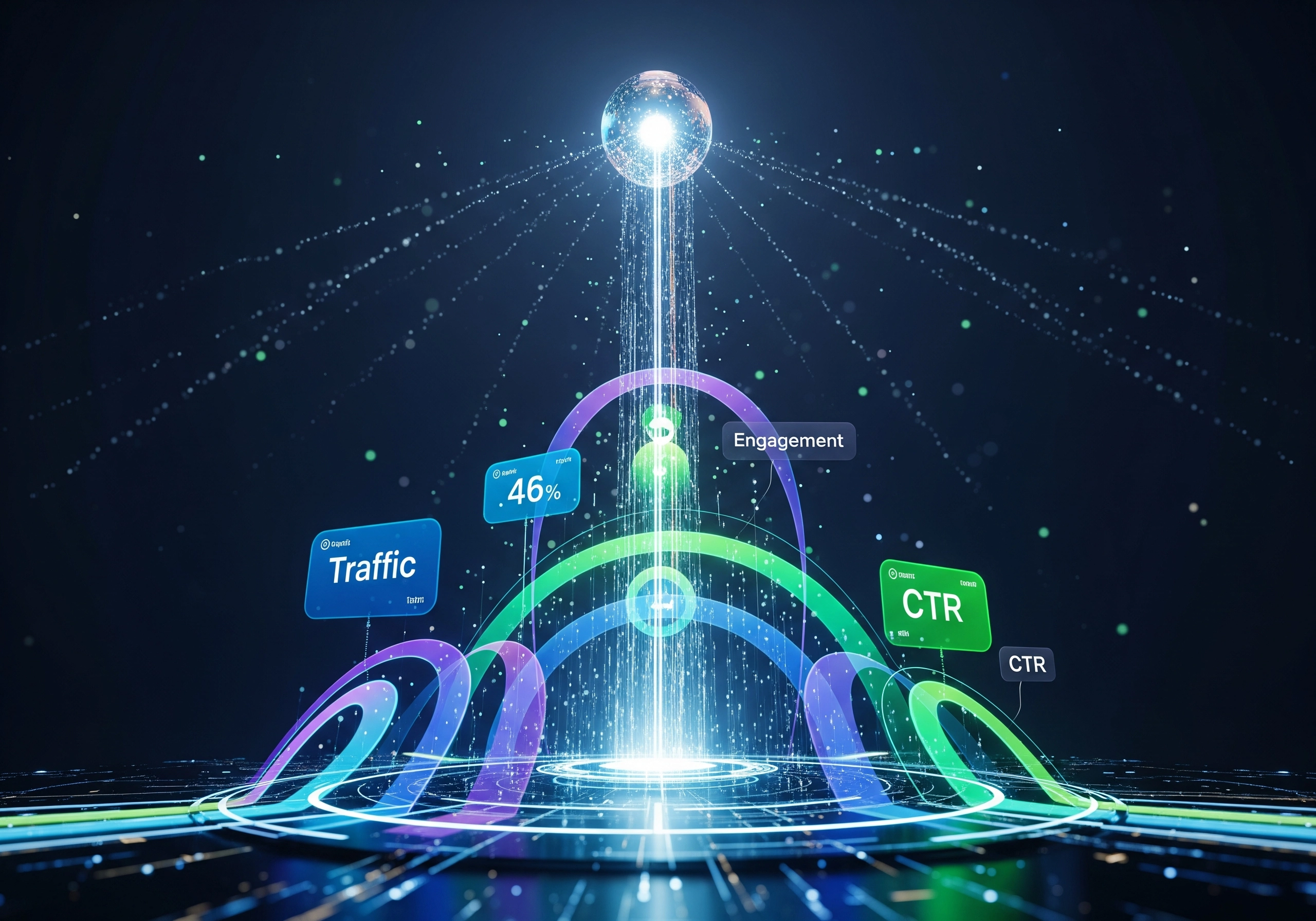 Abstract SEO analytics display showing traffic, engagement, and CTR metrics.