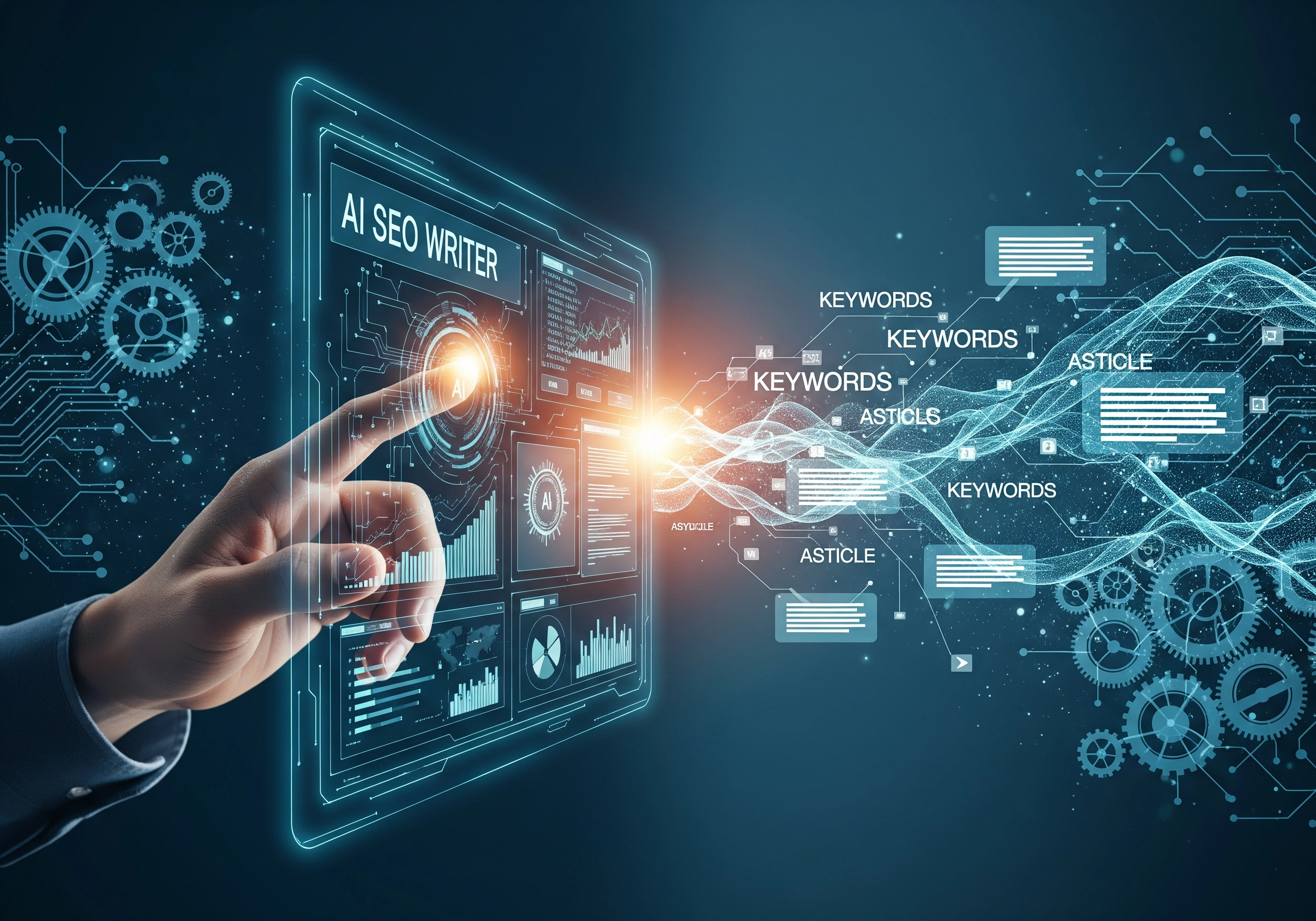 AI SEO writer interface with keyword and article data, gears and circuits.