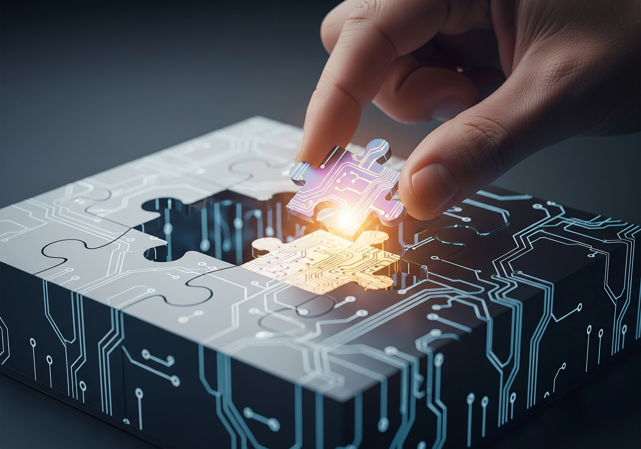 Hand placing circuit board puzzle piece. Concept of AI SEO writer.