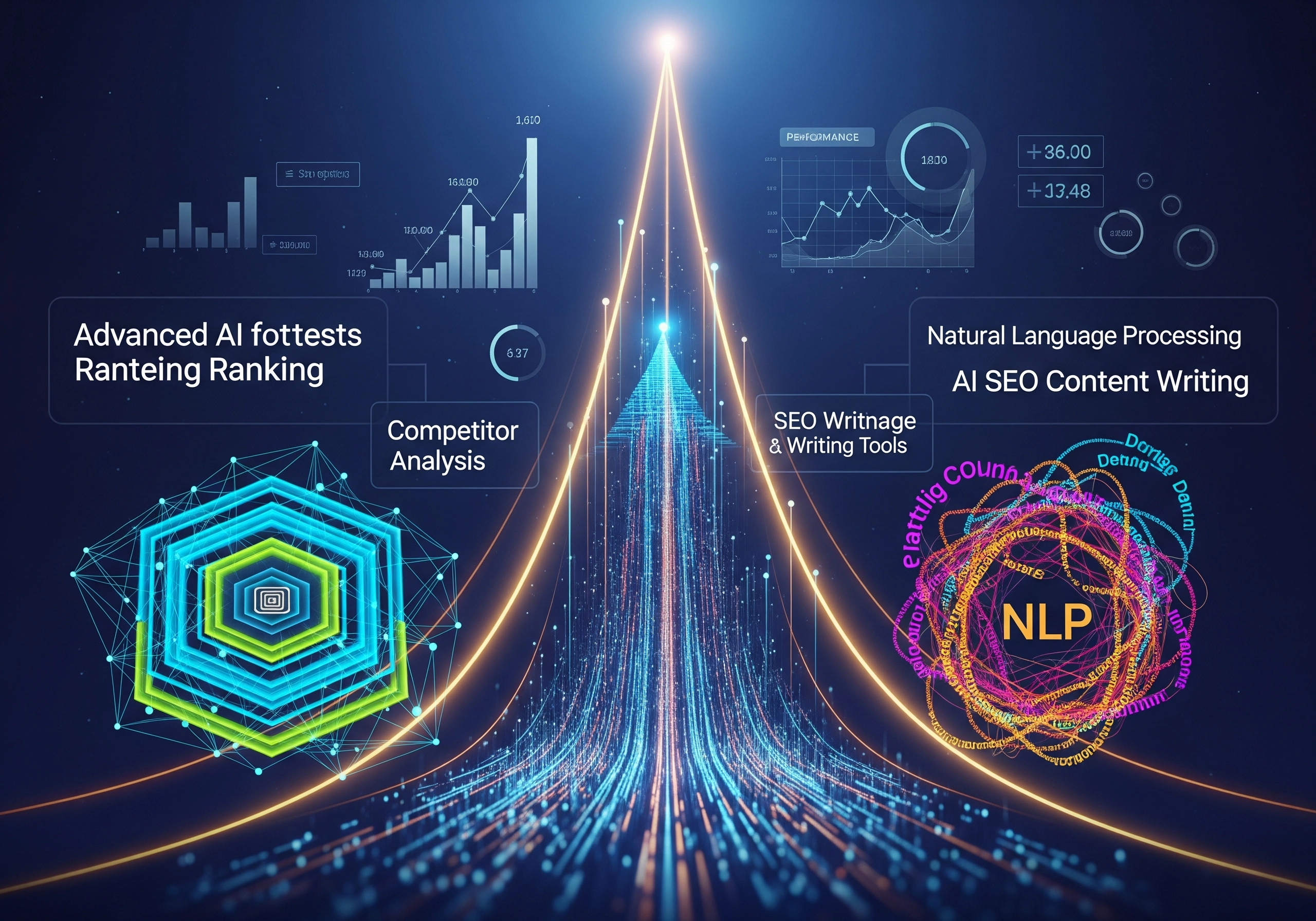 AI SEO content writing tools graphic showing competitor analysis.