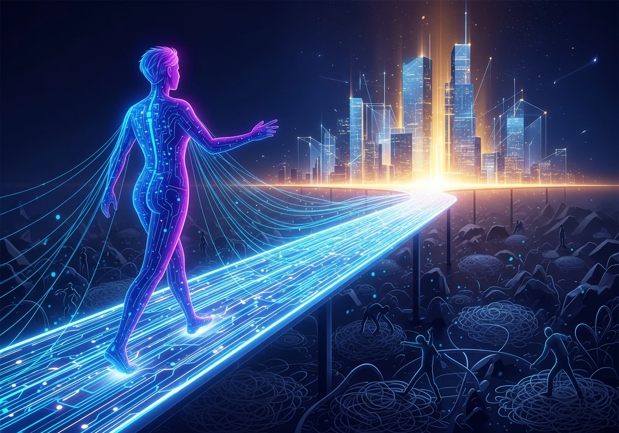Abstract figure walking towards city on glowing path, AI in content writing.