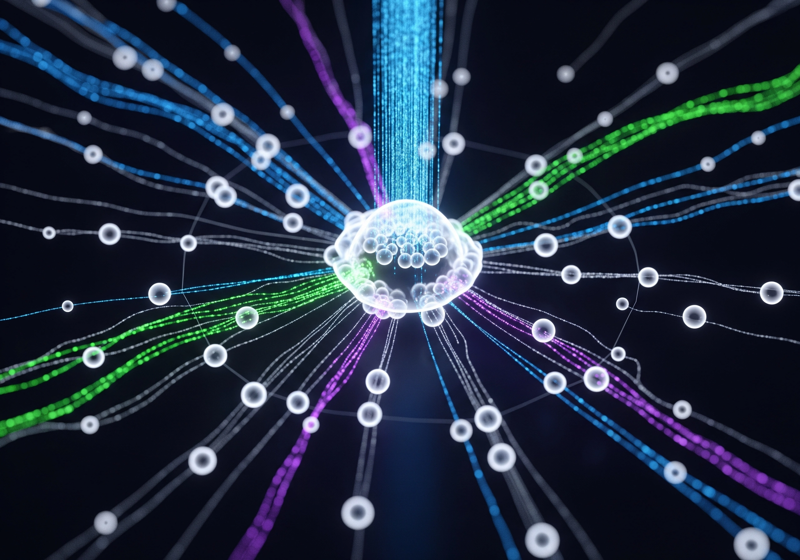 Abstract network of blue, green, and purple lines converging on a central sphere.