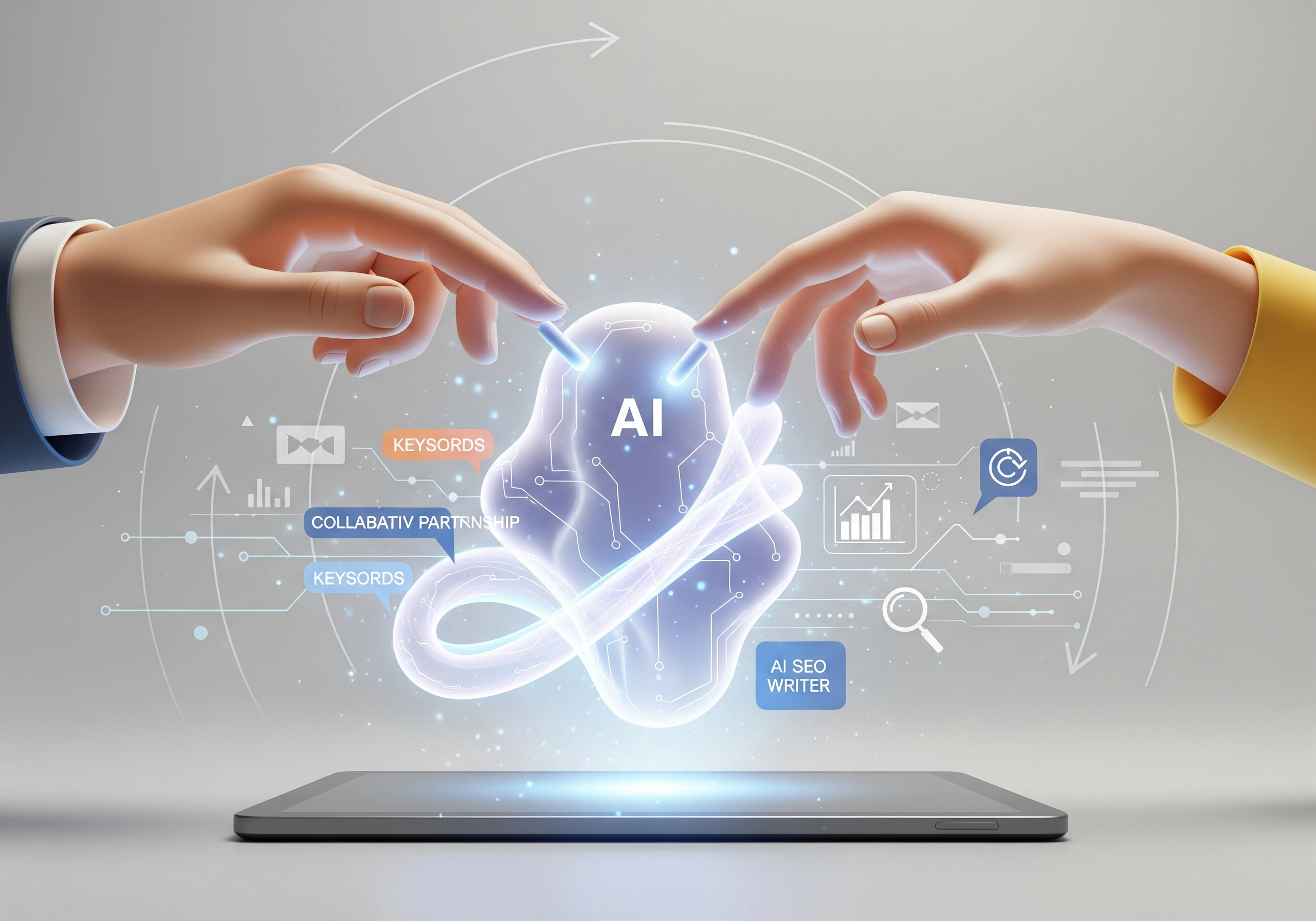 Hands interacting with an AI SEO writer interface on a tablet.