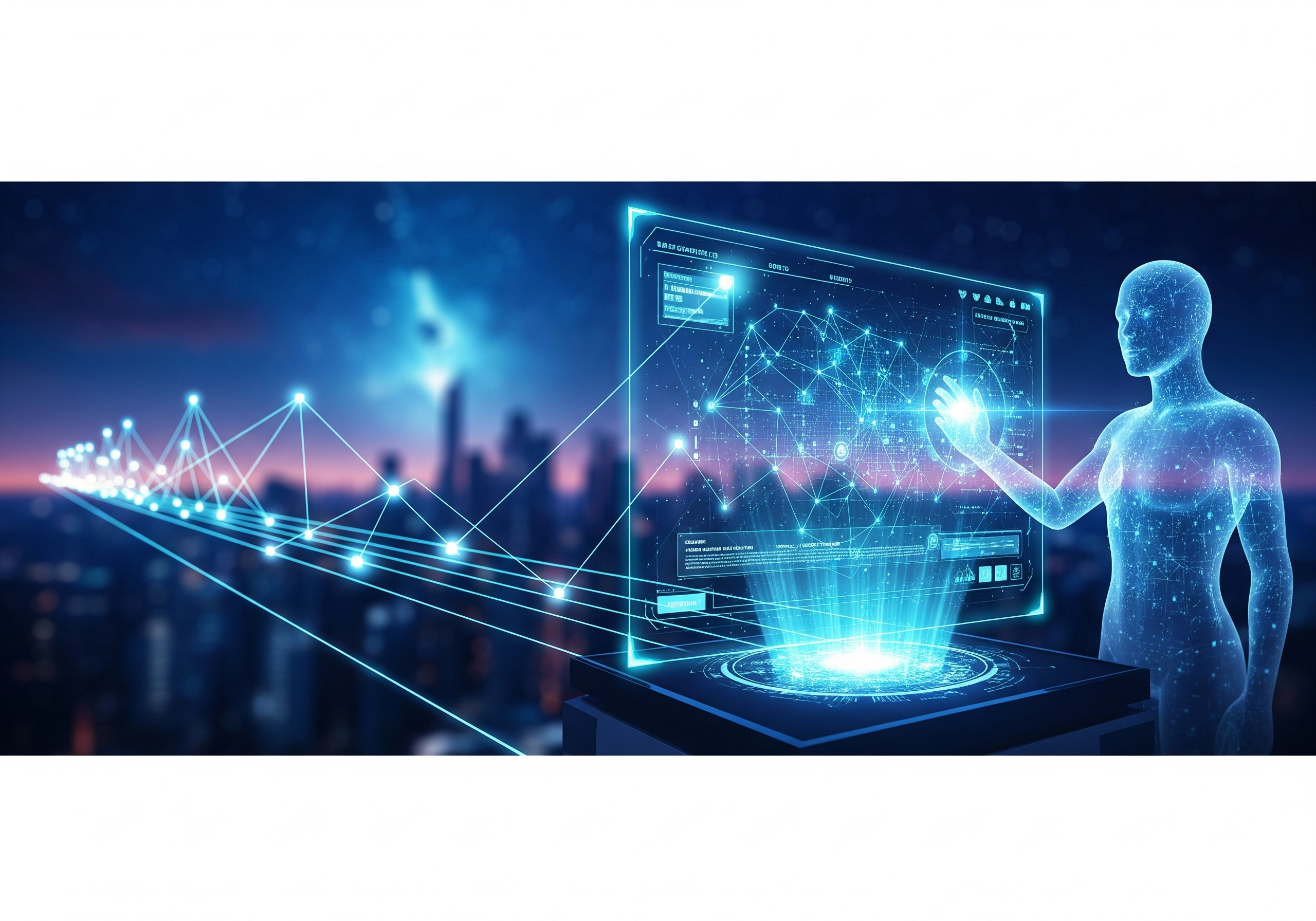 Holographic AI figure interacting with a complex data interface.