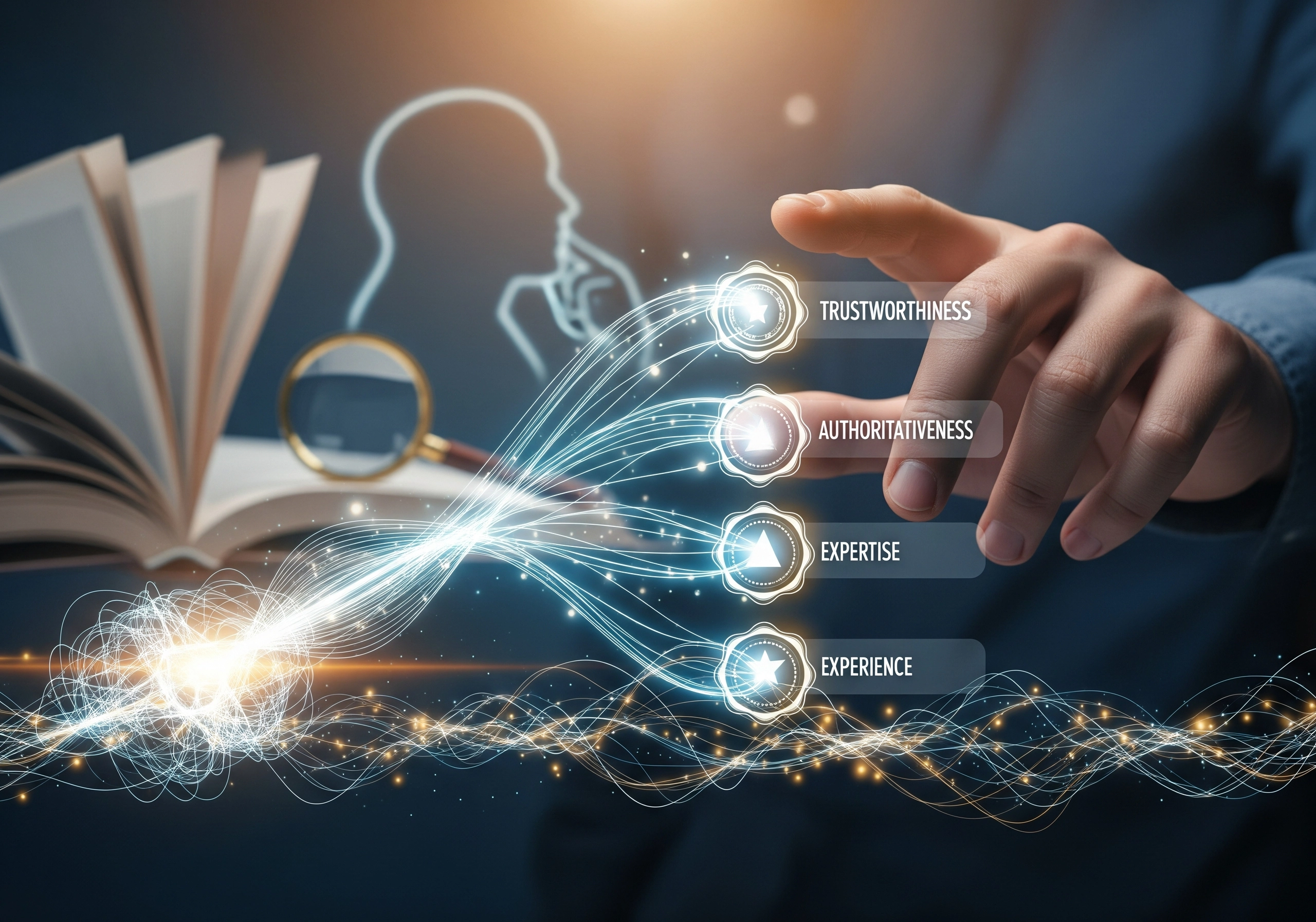 Hand pointing to trustworthiness, authoritativeness, expertise, and experience, symbolizing AI SEO strategy.