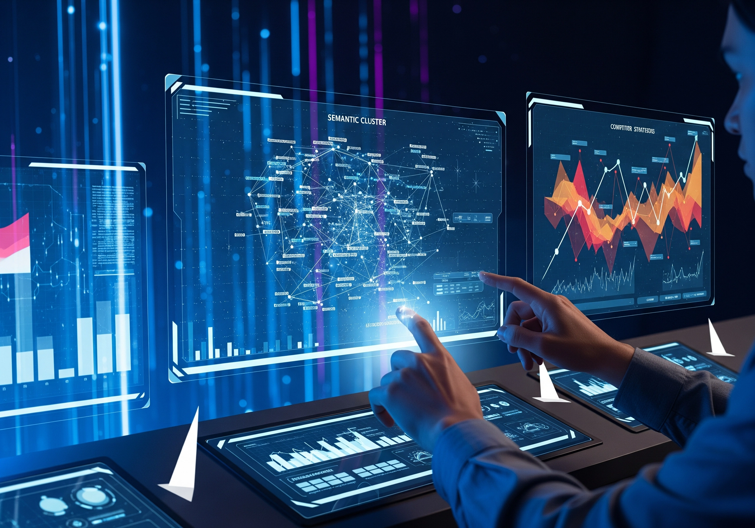Person using AI SEO content generator dashboard with semantic cluster data.