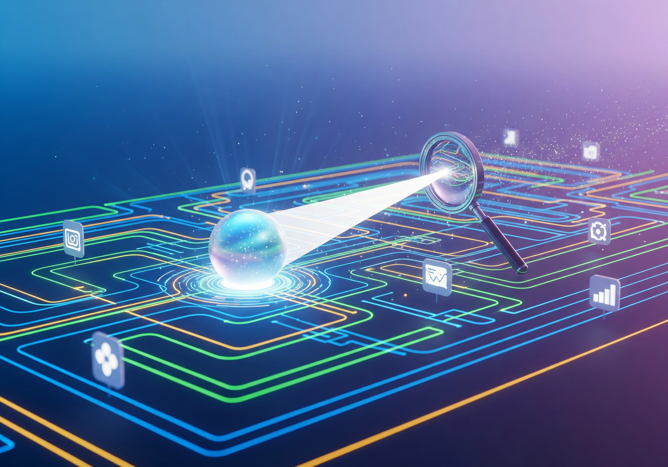 Glowing orb with magnifying glass, representing search engine optimization and content analysis.