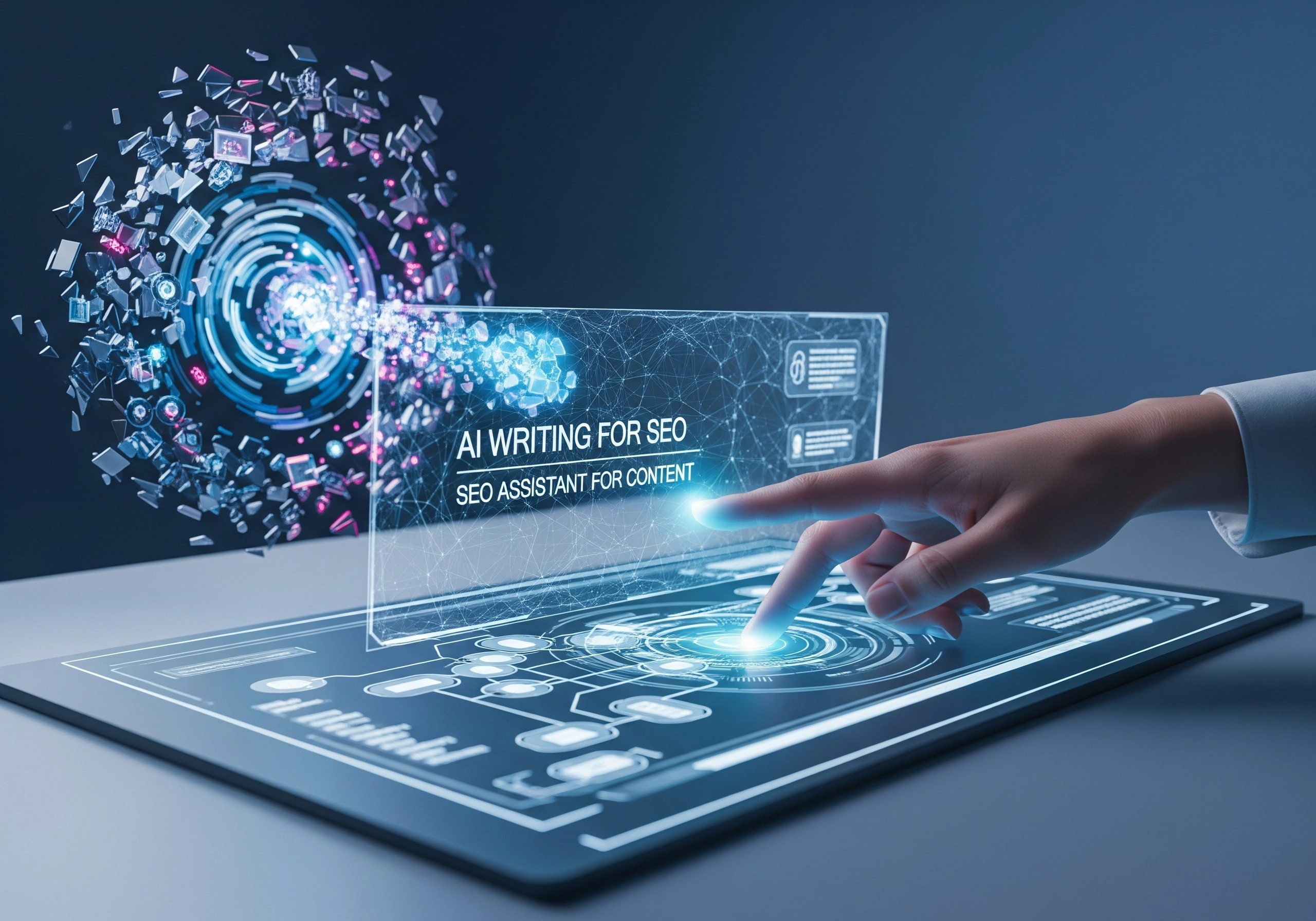 Hand touching 'AI writing for SEO' interface on a tablet, showing SEO assistant for content.