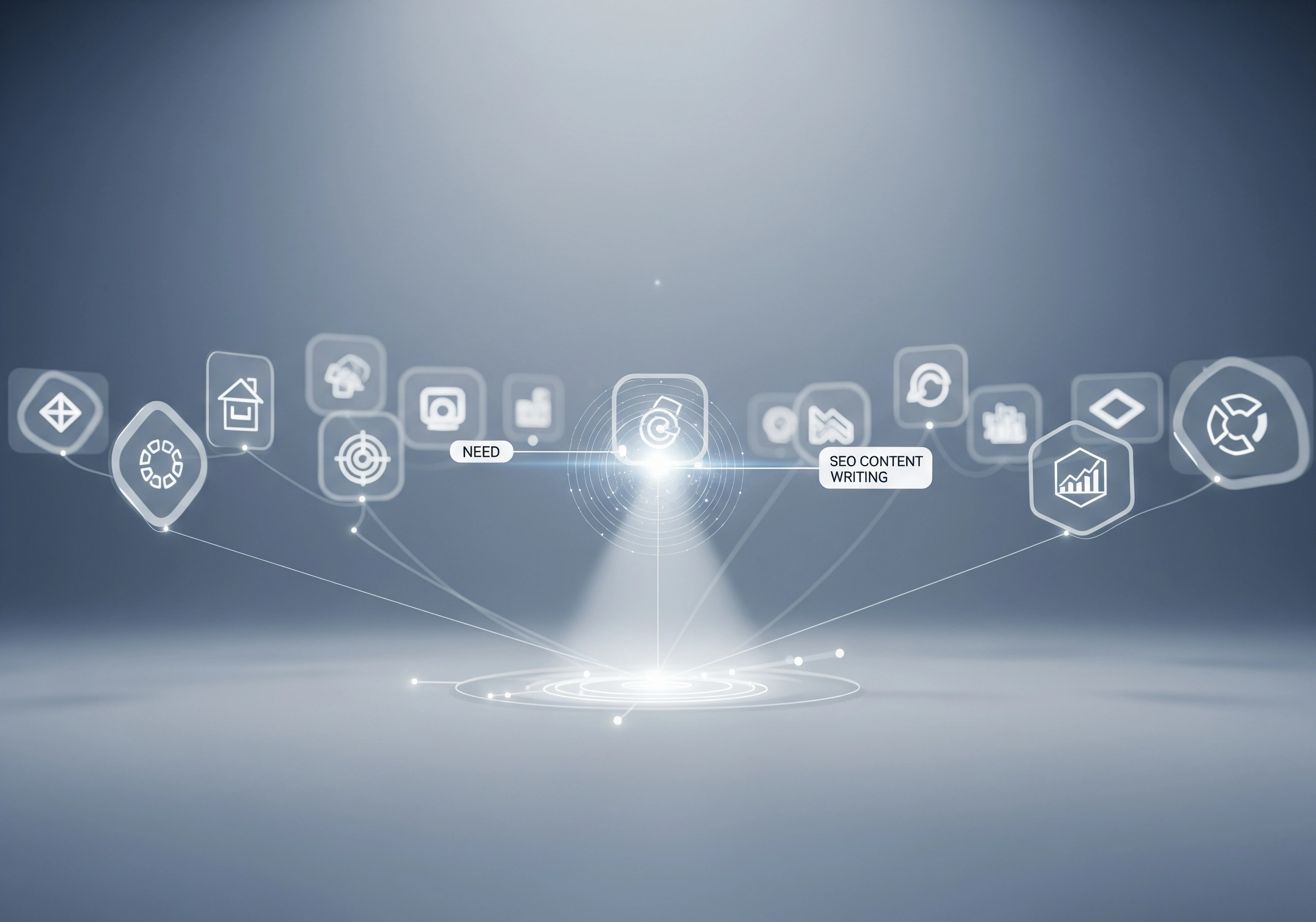 Abstract network of icons representing SEO content writing needs and solutions.