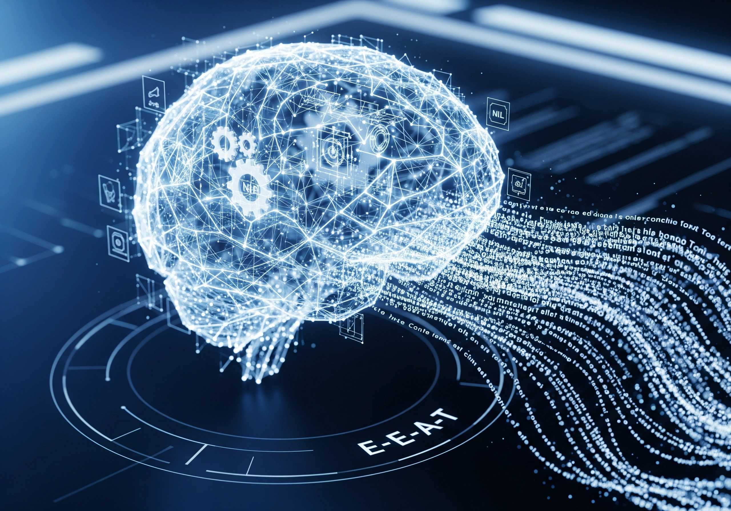 3D brain made of connected dots with E-E-A-T concept, ai seo content writing.