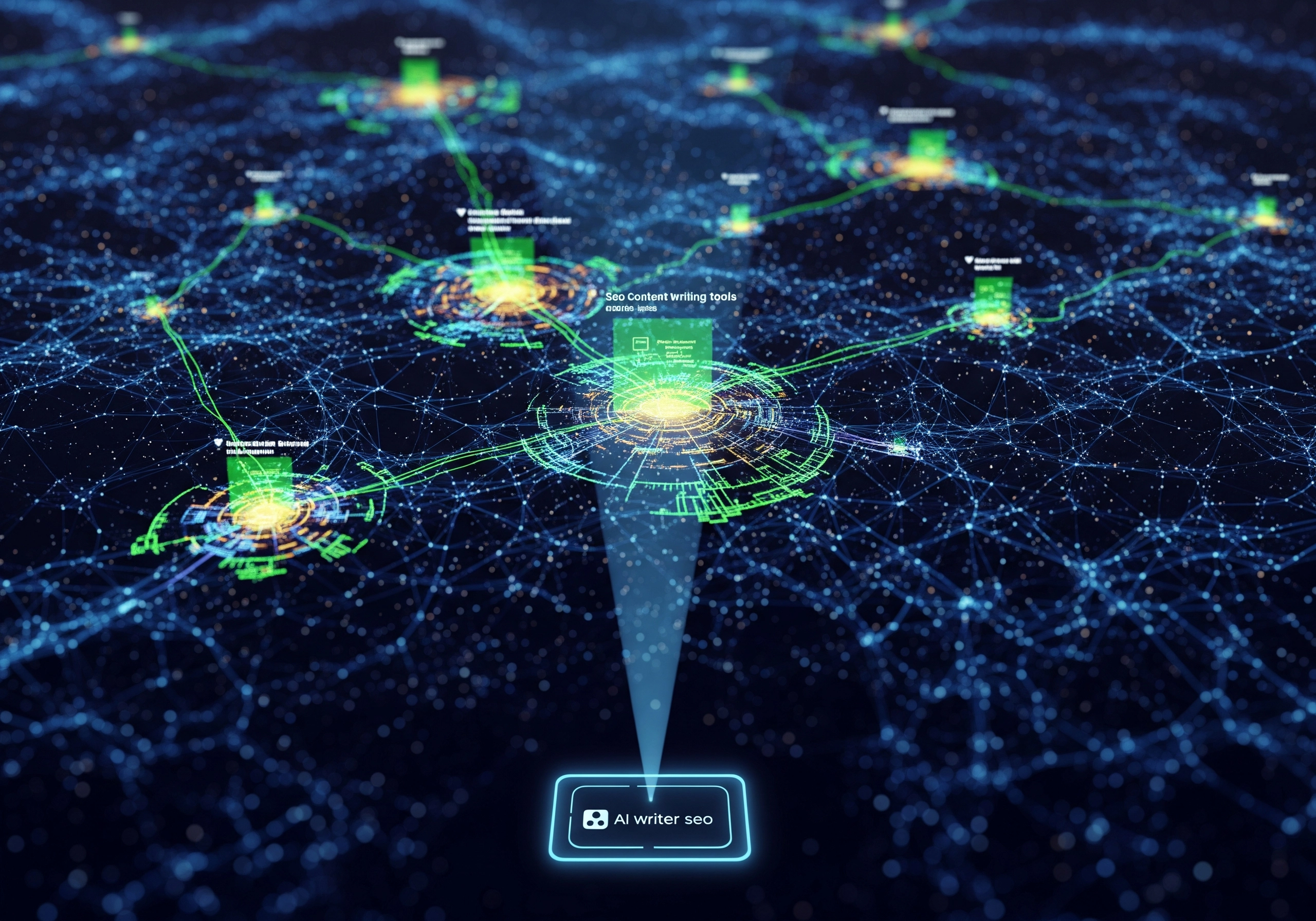 AI writer SEO network showing SEO content writing tools connections.