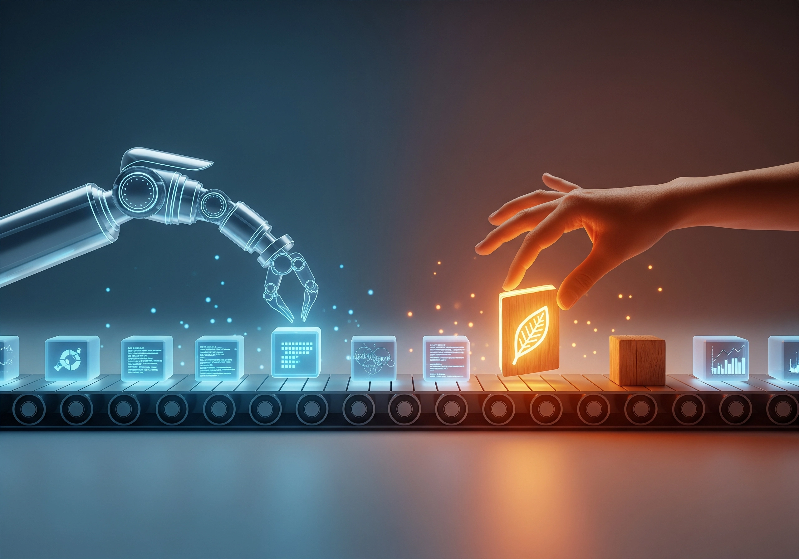 Robot arm and human hand on conveyor placing AI seo content blocks.