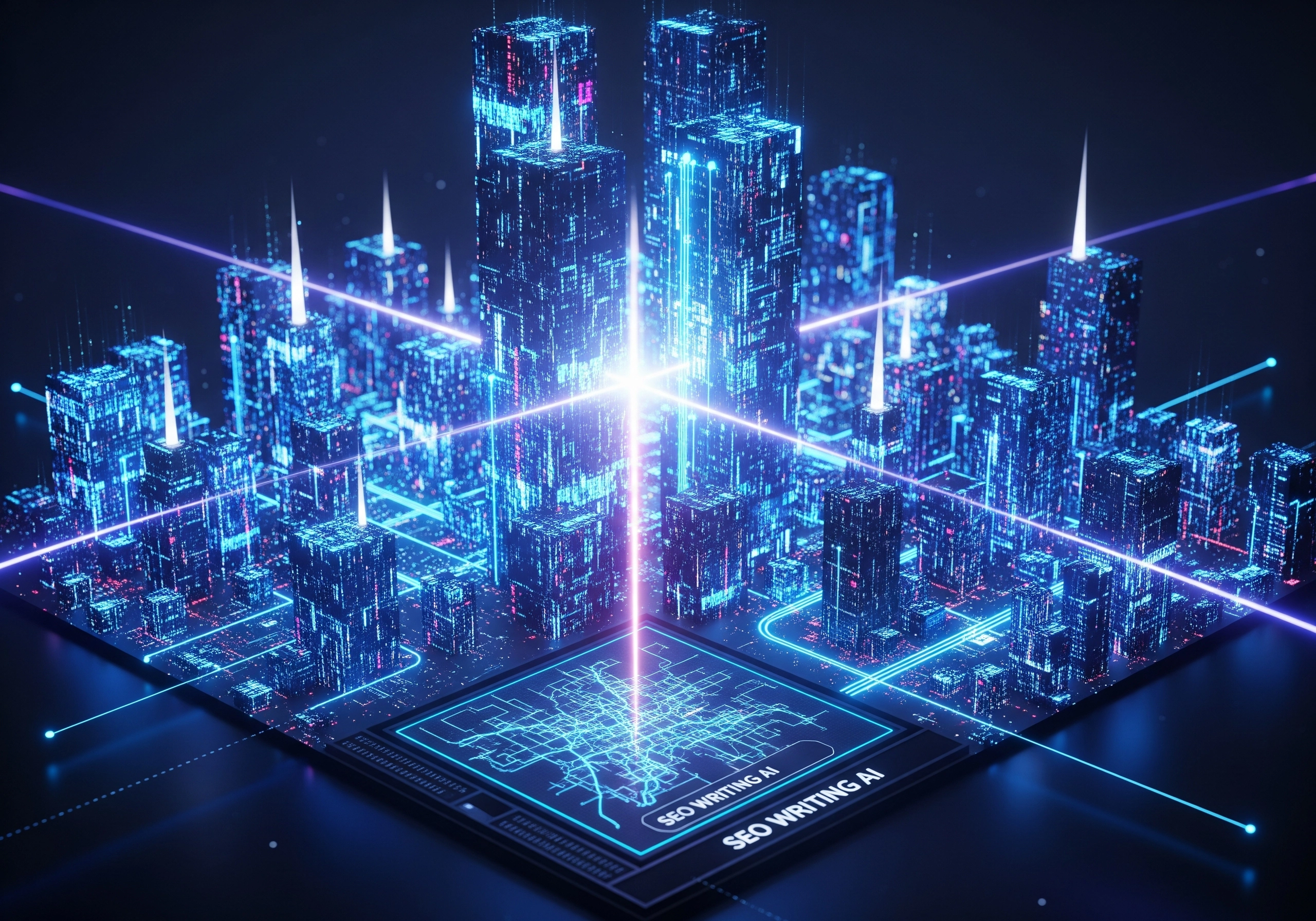 Futuristic city with SEO writing AI text, representing AI SEO content.