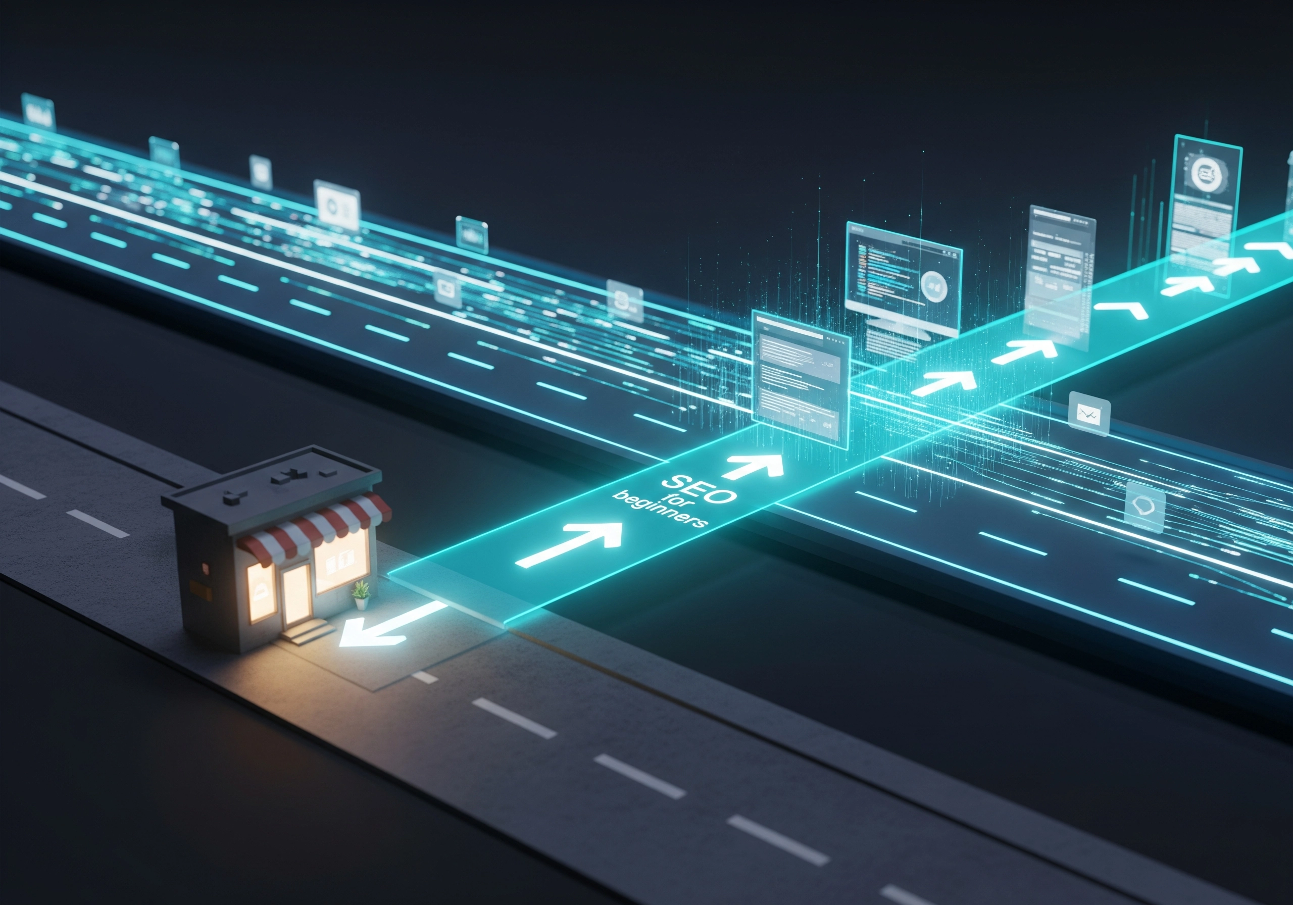 Storefront with SEO for beginners text, website pages, and upward trending arrows.