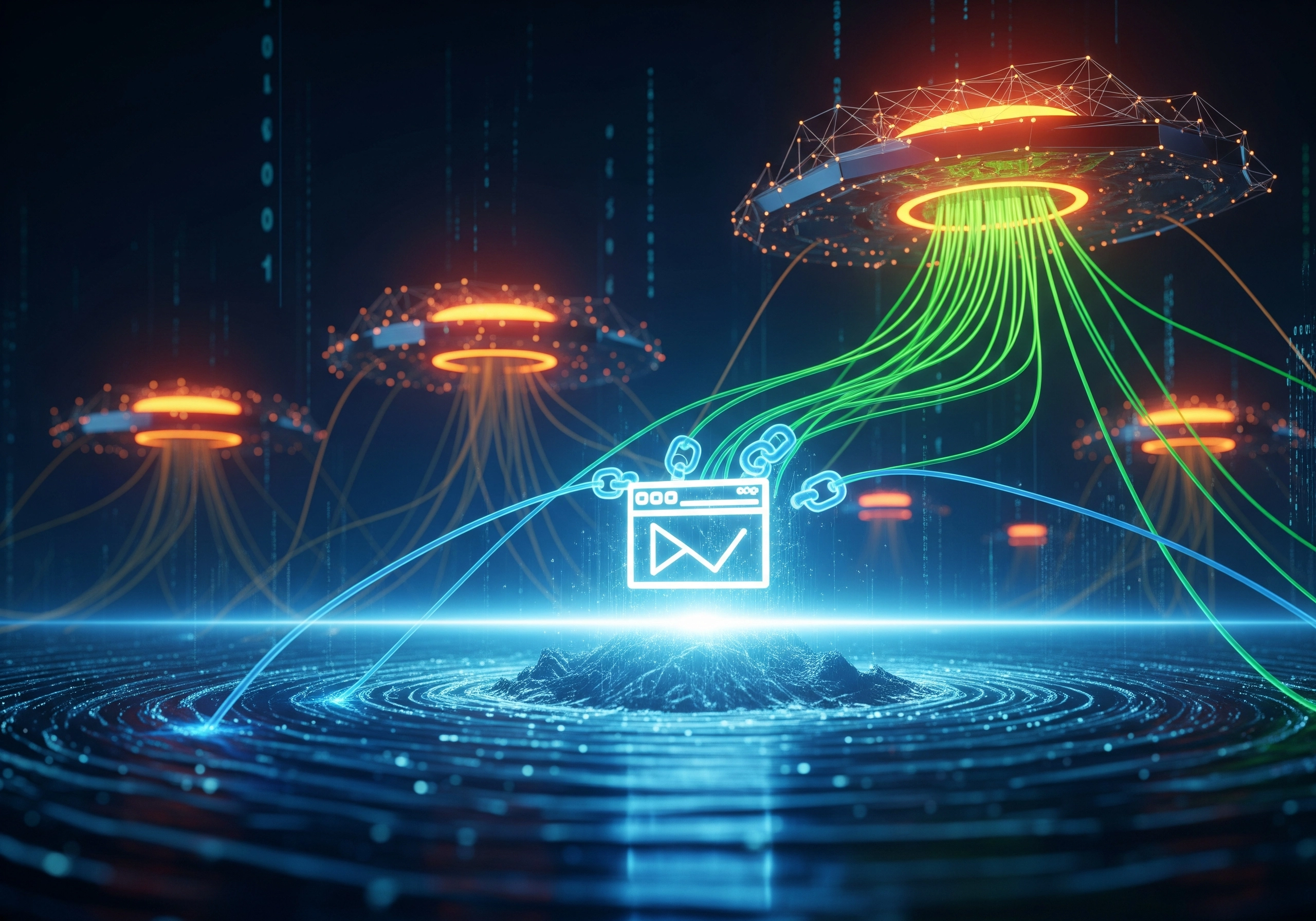 Abstract digital illustration of website traffic flowing into a central server