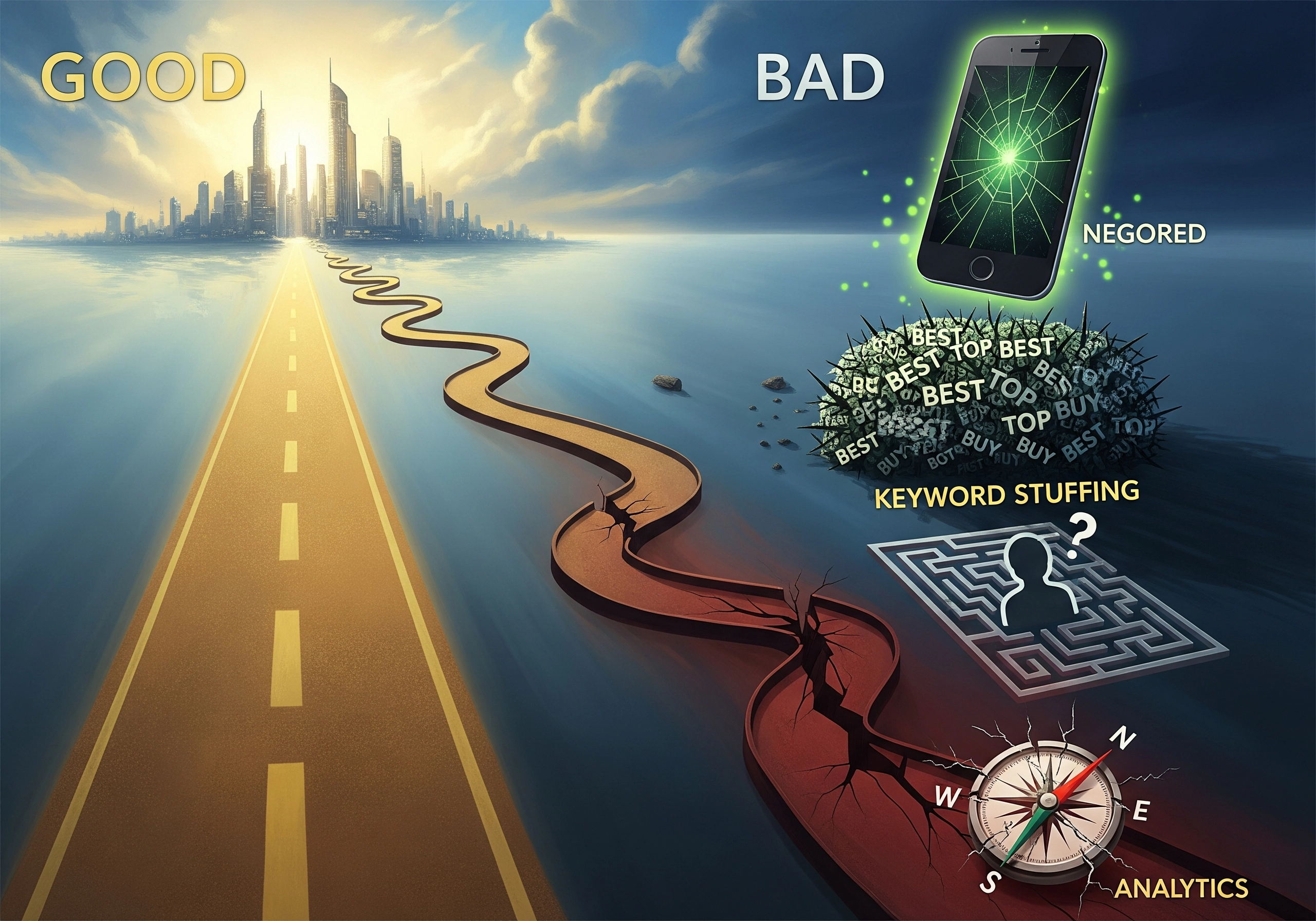Illustration showing 'good' SEO path versus 'bad' SEO practices like keyword stuffing