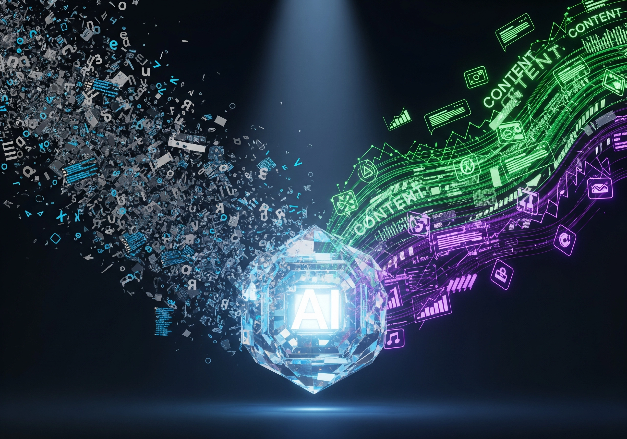 AI diamond emitting content and data streams for AI SEO content generation.