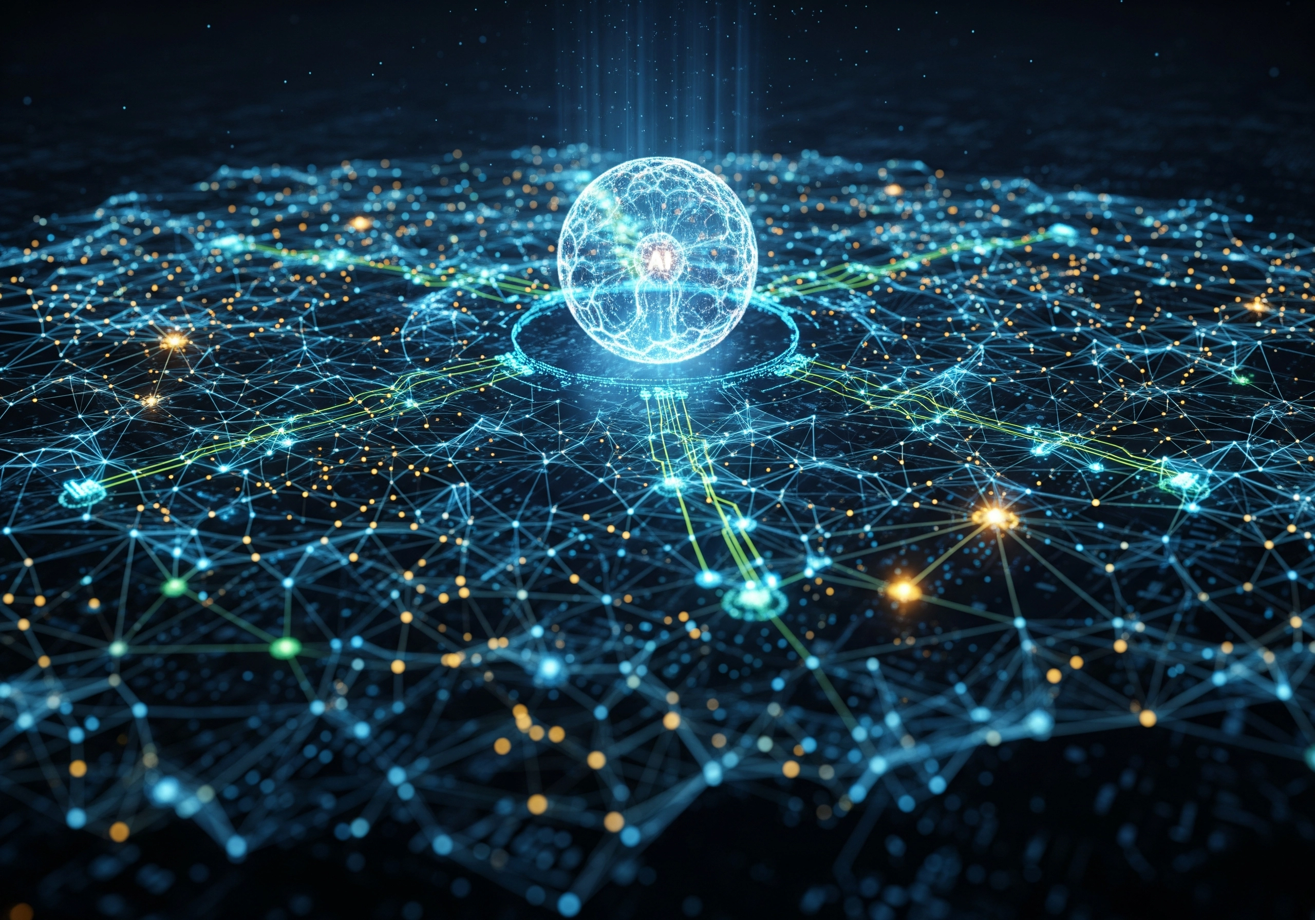 Connected network with a glowing central sphere, representing AI writing for SEO.