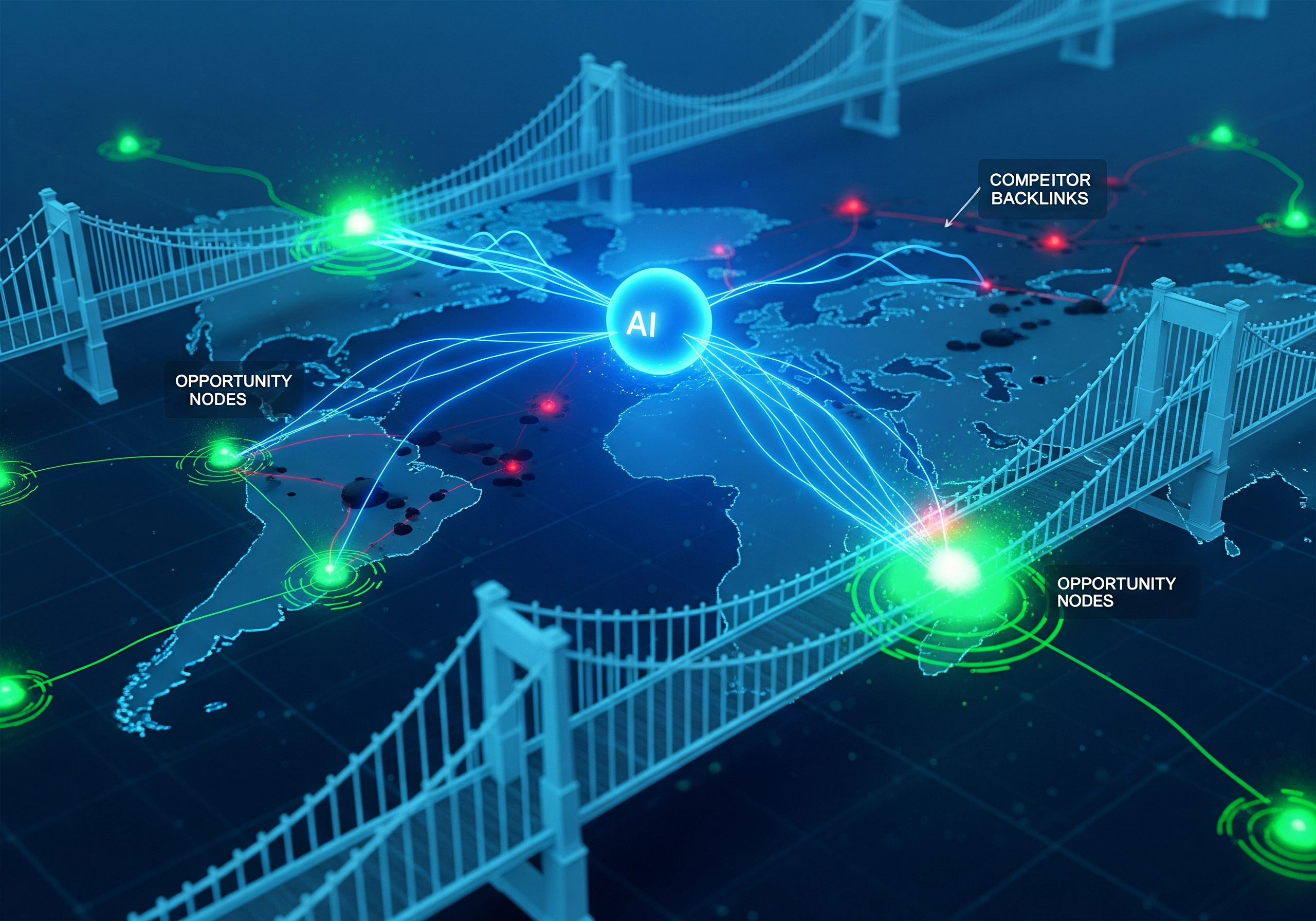AI SEO content generator connecting opportunity nodes and competitor backlinks on a world map.