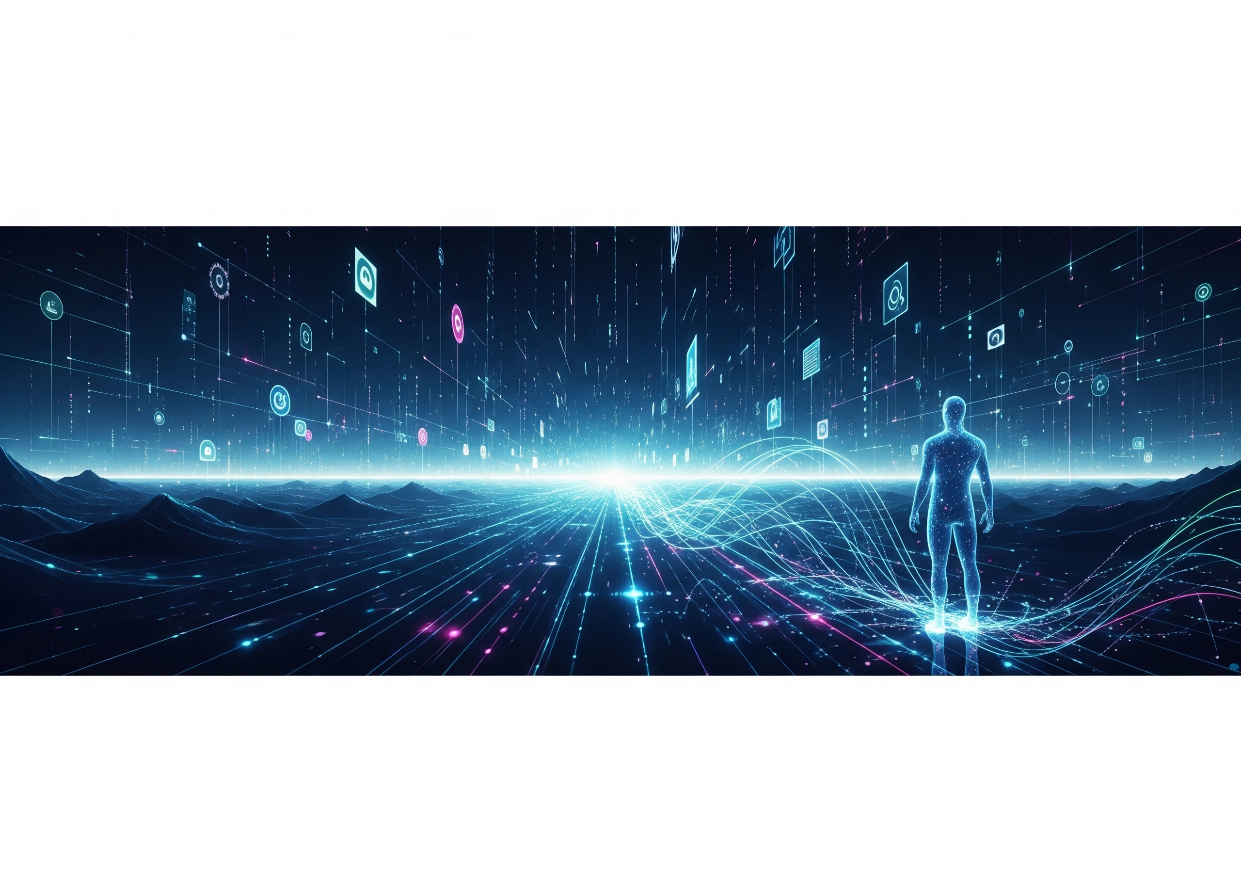 Digital landscape with glowing figure representing AI writing for SEO.