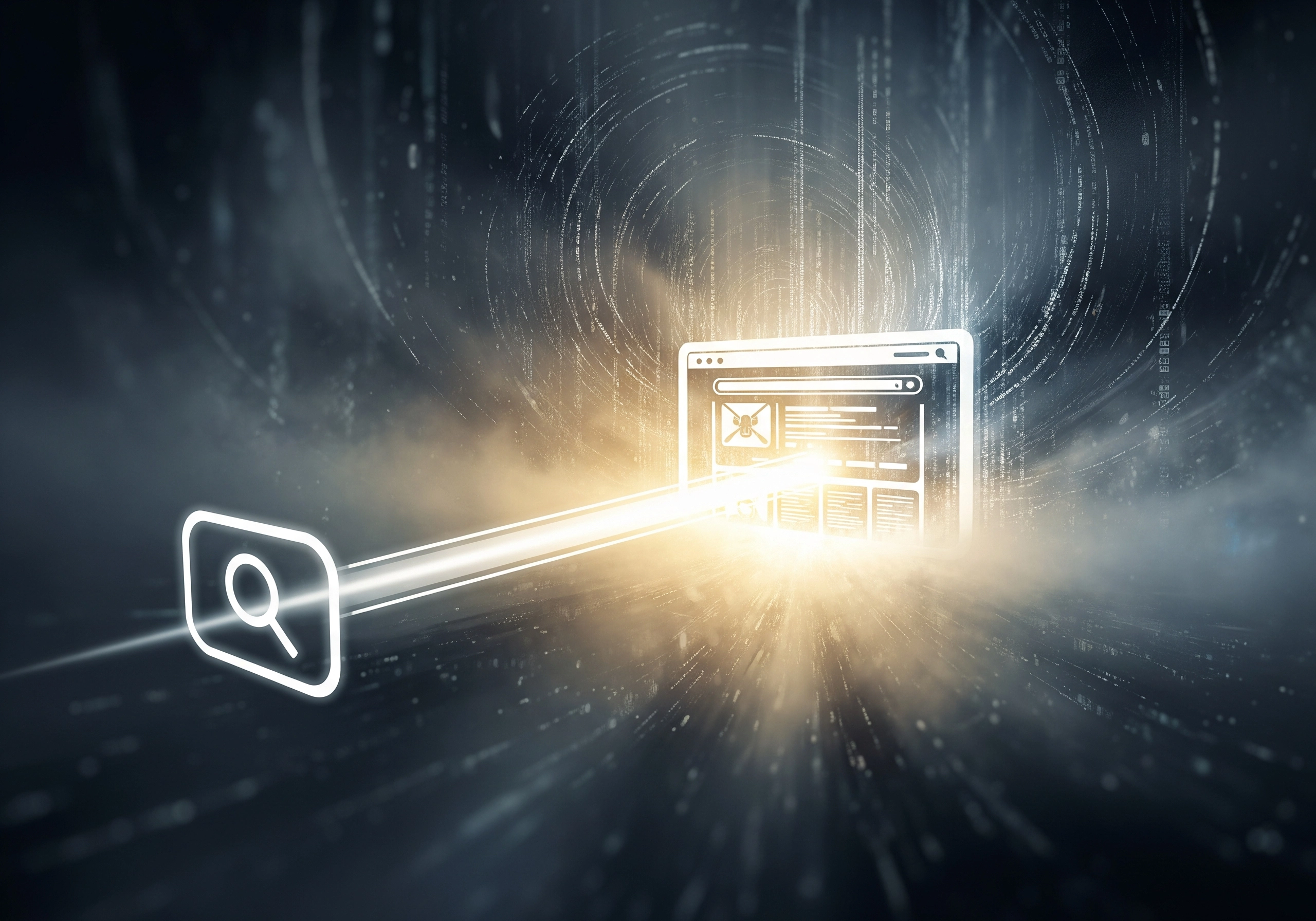 Stylized search engine icon with a webpage, representing search engine optimization.