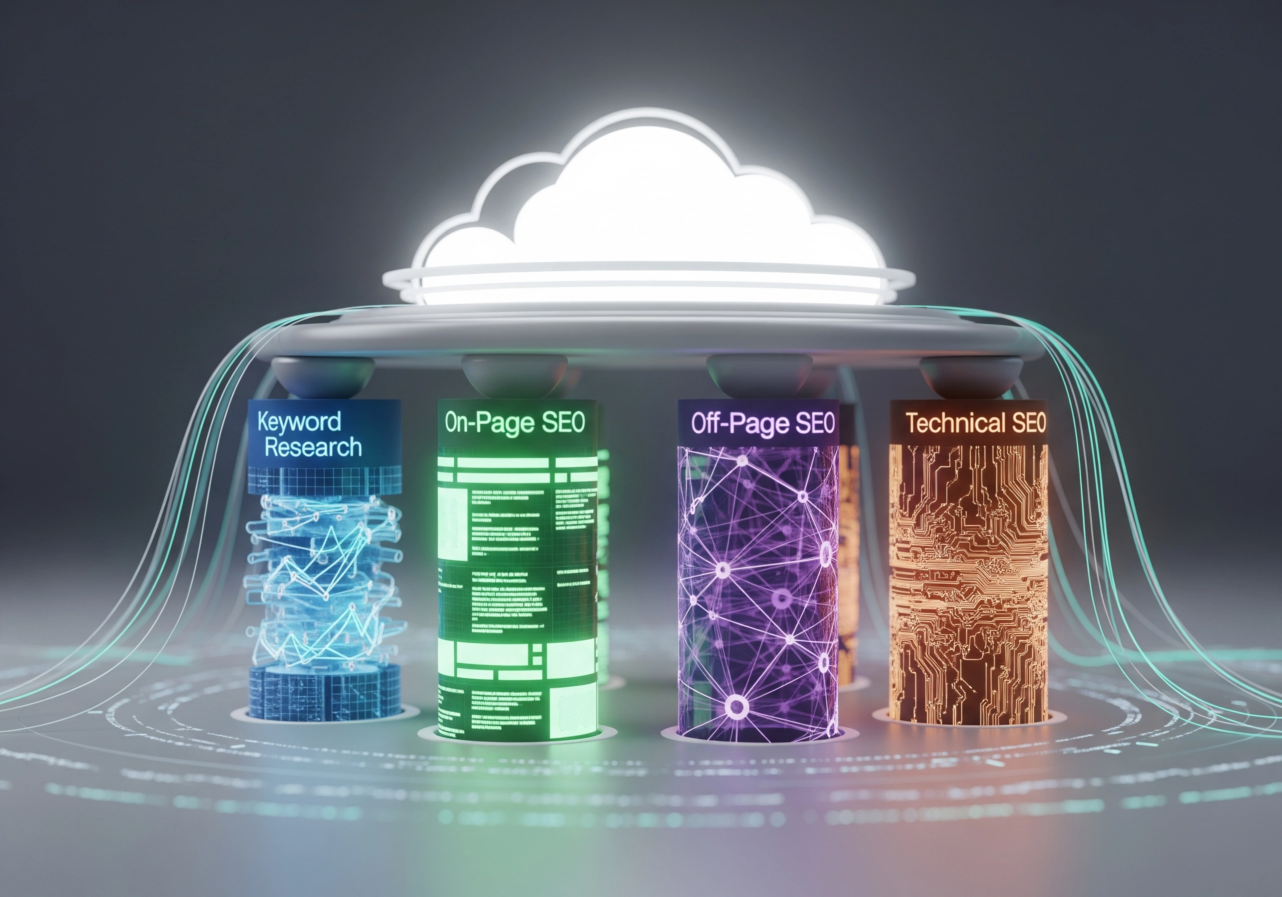 Conceptual illustration of keyword research, on-page, off-page, and technical SEO basics for beginners.