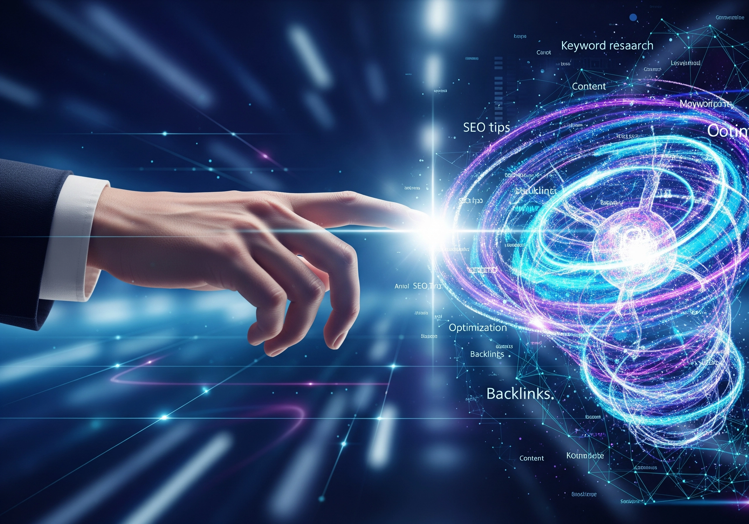 Hand pointing to digital SEO tips and optimization terms in blue and purple.