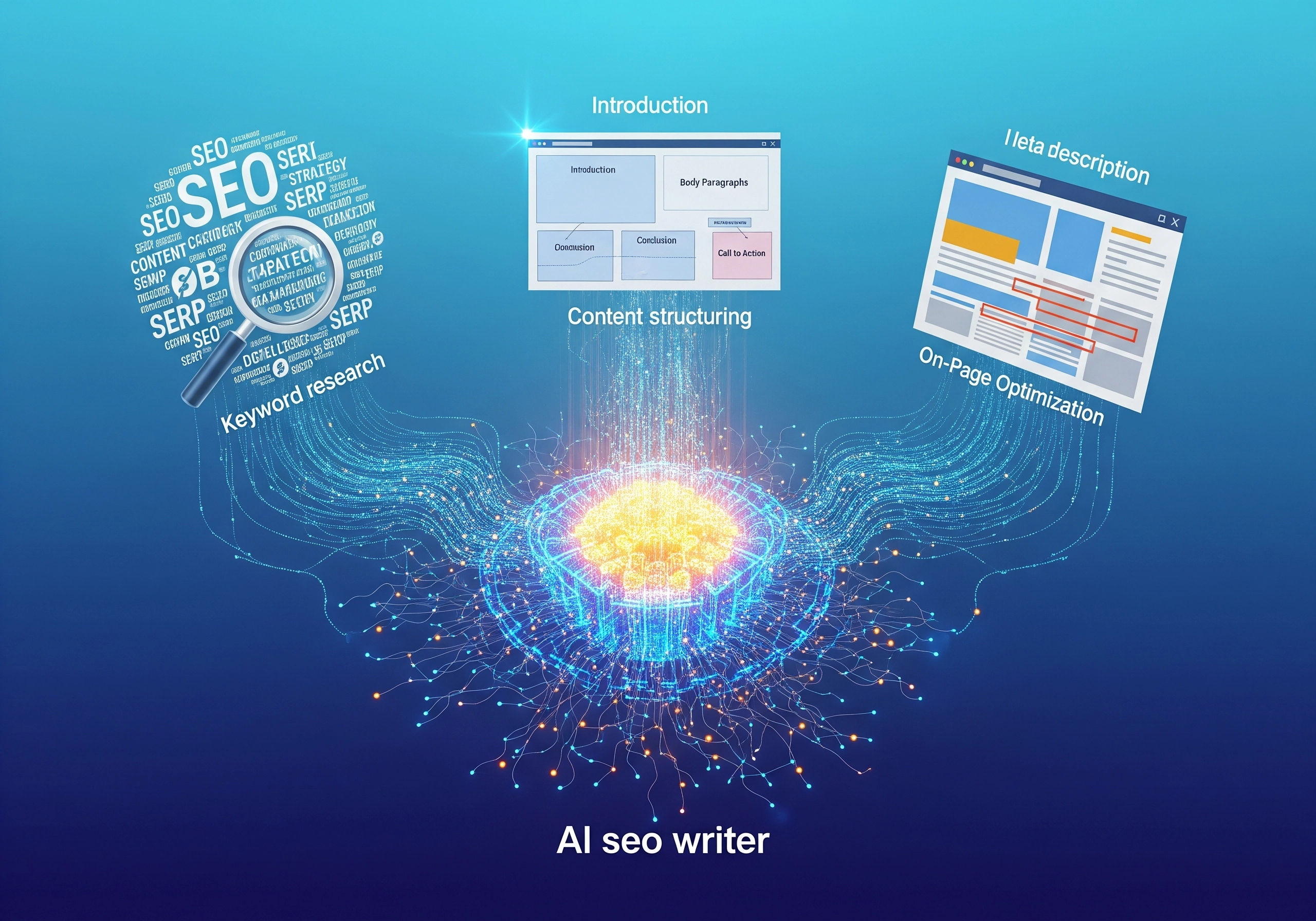 AI SEO writer concept art illustrating content structuring, keyword research, and on-page optimization.