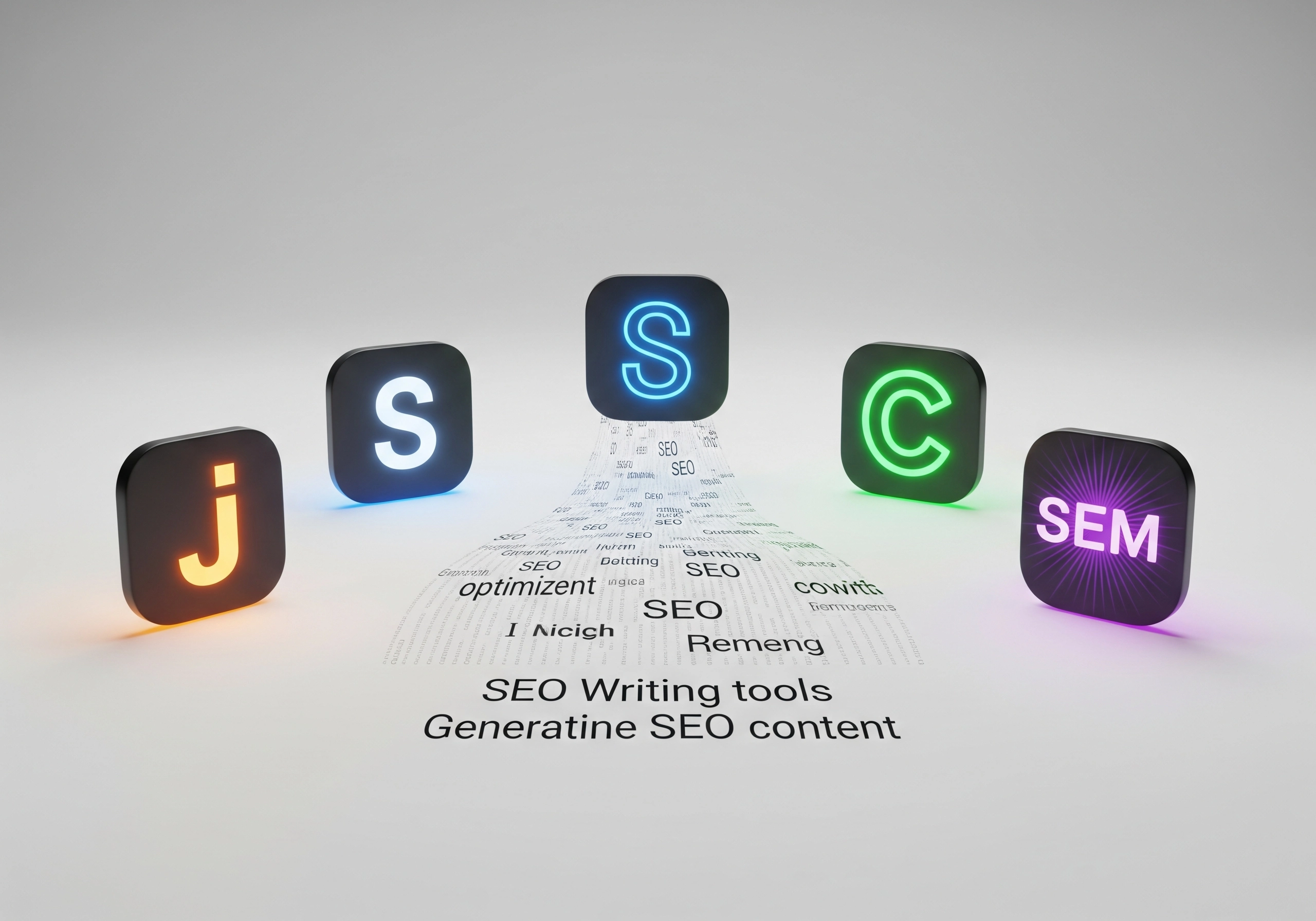 Glowing SEO writing tools spelling out 'jsSOCsem' to generate SEO content.