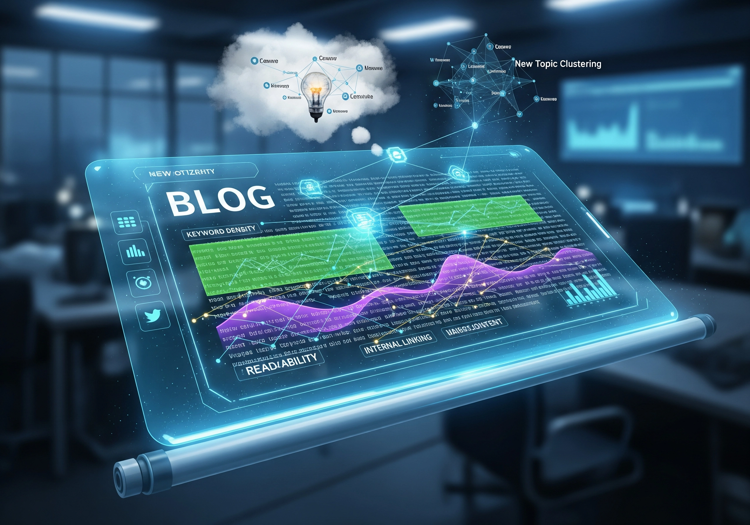 Futuristic blog interface with keyword density, readability, and internal linking metrics.