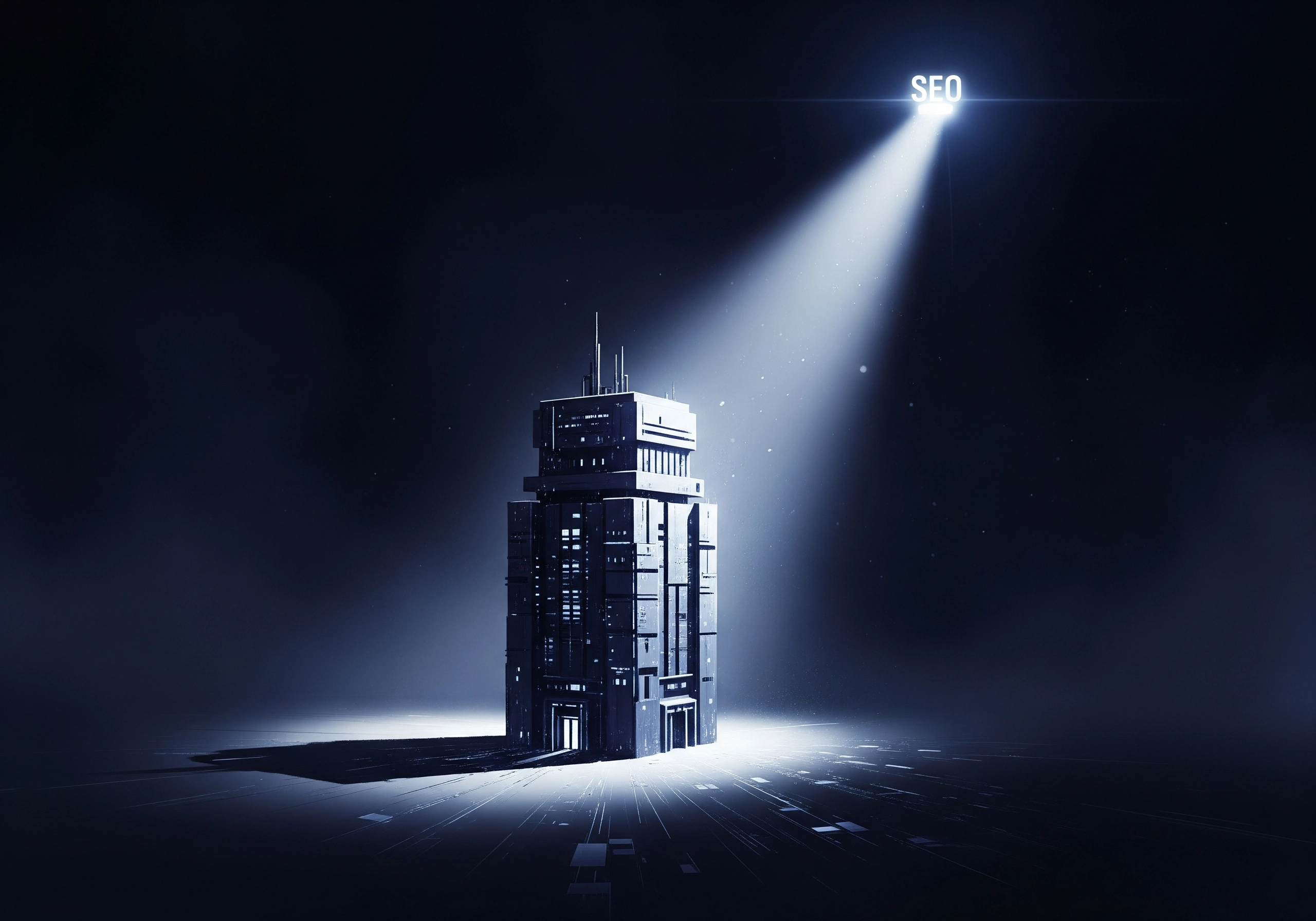 Futuristic building illuminated by a spotlight, SEO text above. Conceptual image for Search Engine Optimization.