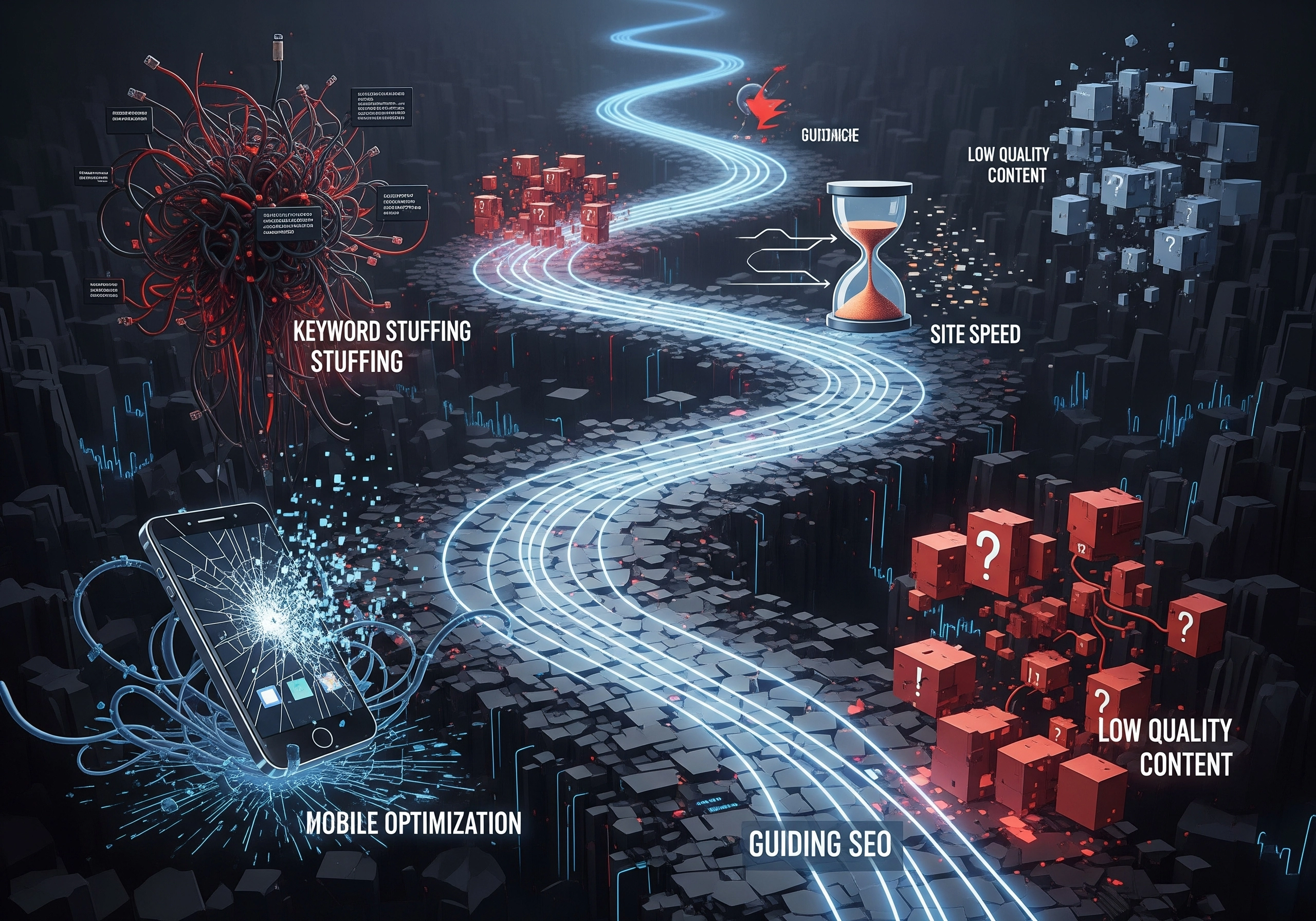 Abstract SEO illustration showing keyword stuffing, mobile optimization, and site speed issues.
