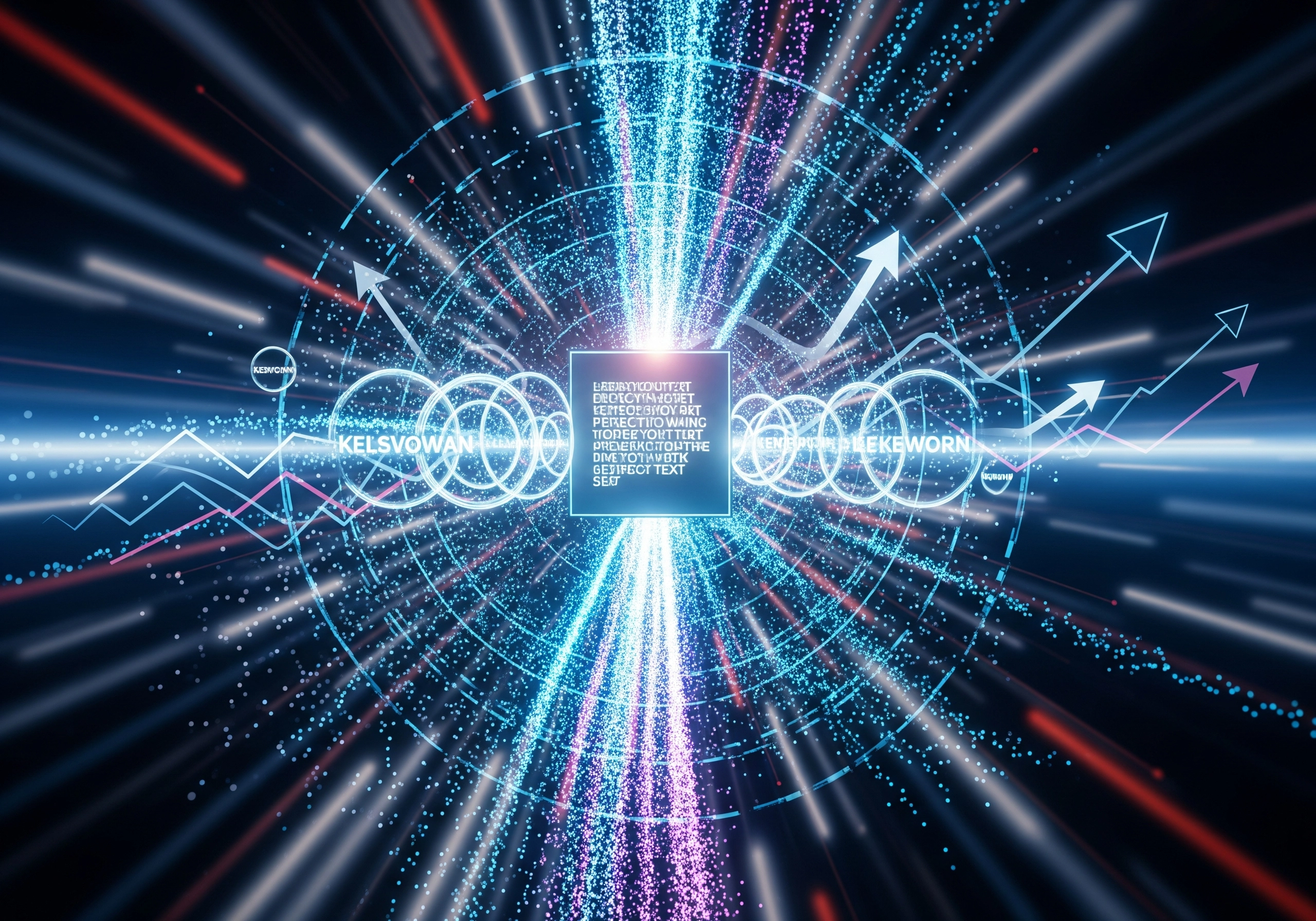 Abstract digital burst with keyword data streams and upward trending arrows.