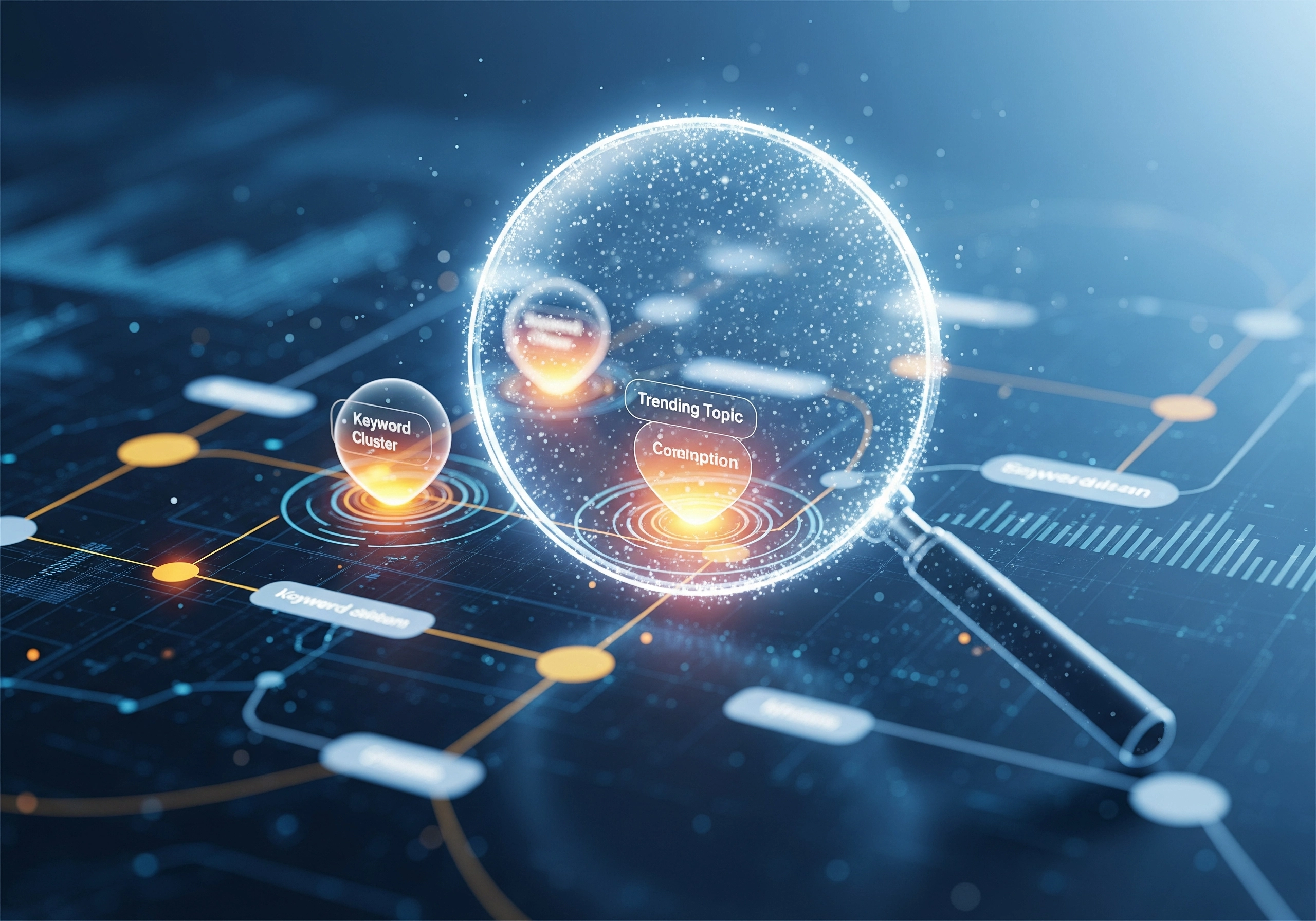 Magnifying glass over 'Trending Topic' and 'Keyword Cluster' diagrams for SEO.