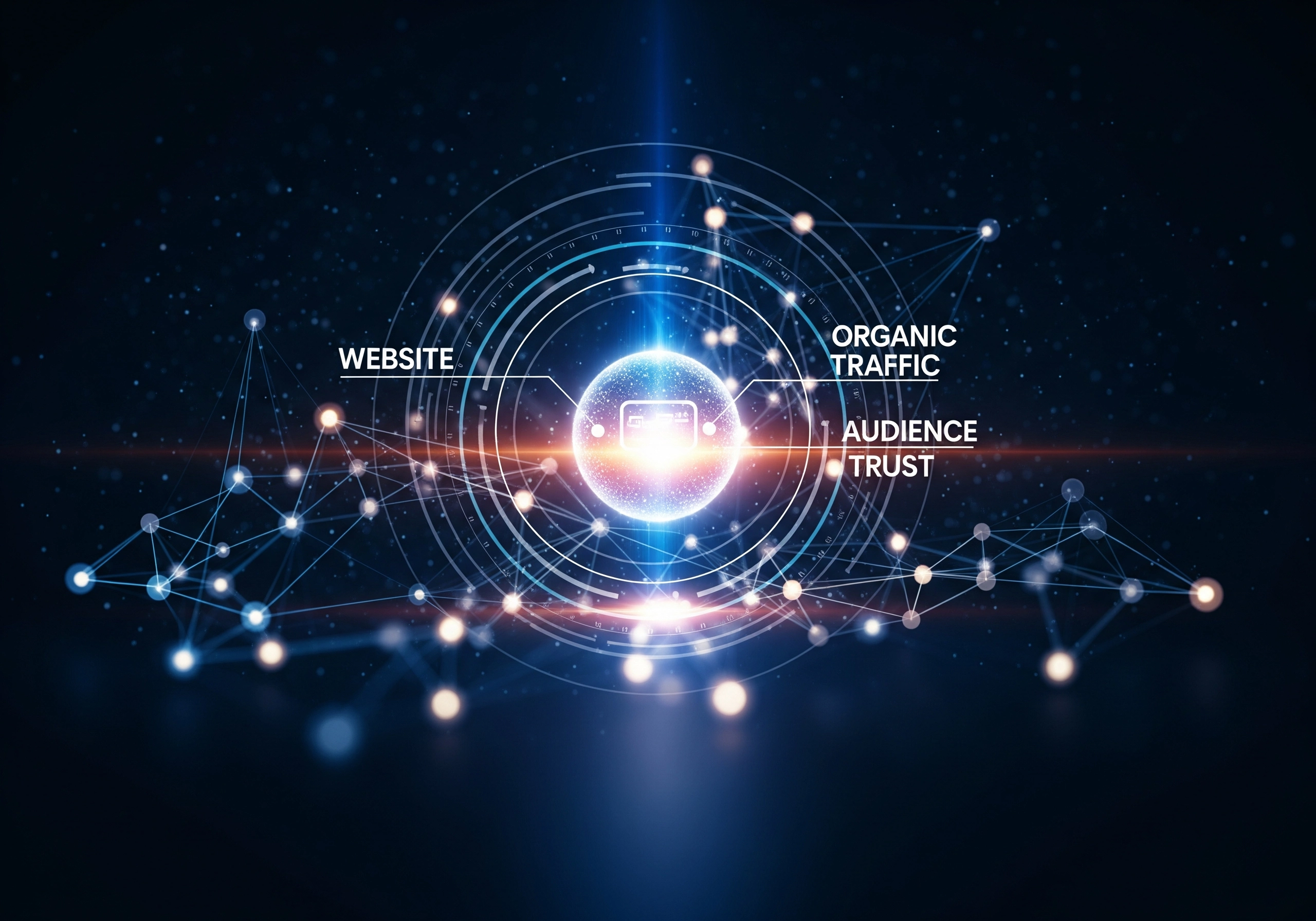 Abstract glowing network illustration for website organic traffic and audience trust
