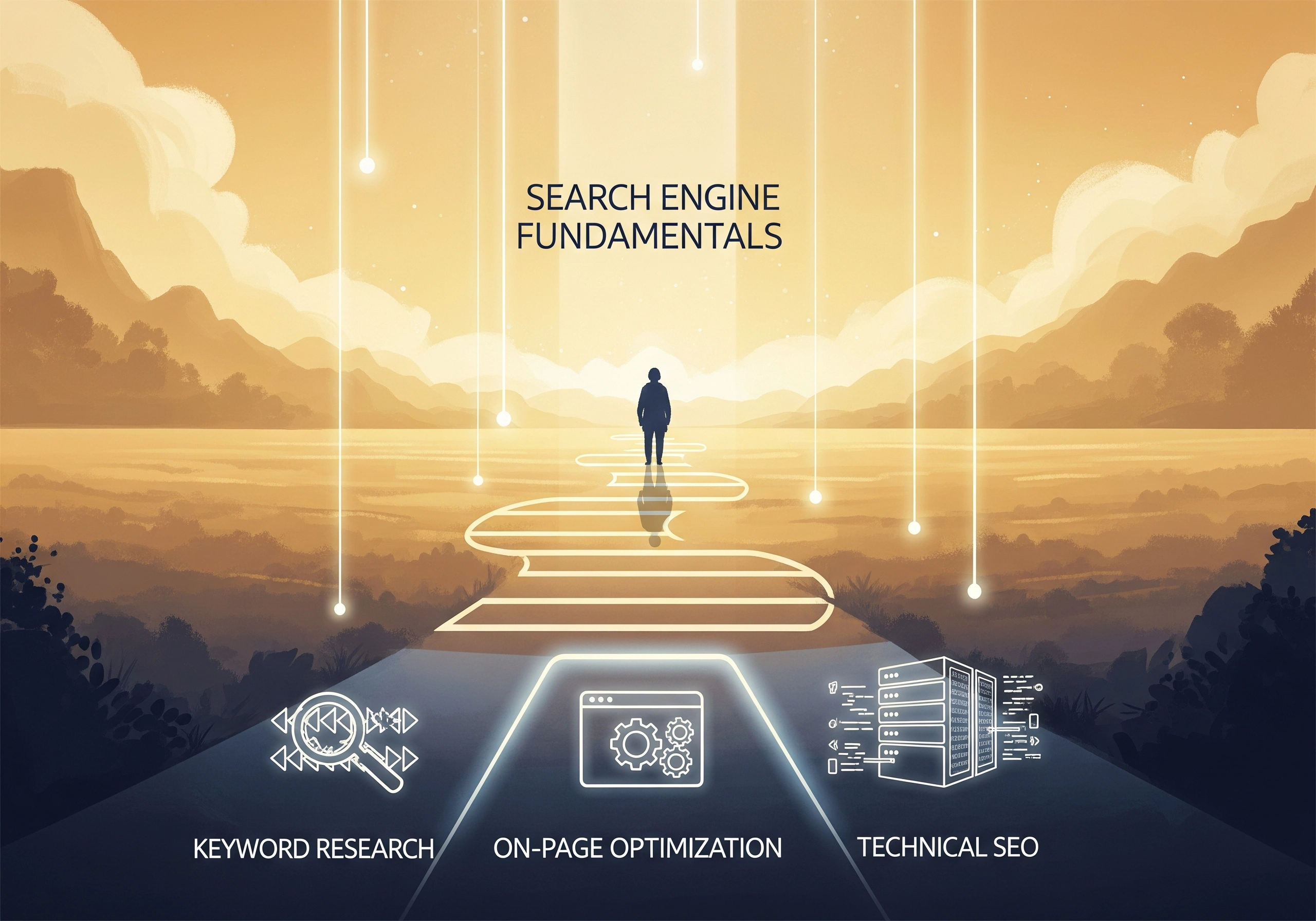 Search engine fundamentals illustration showing keyword research and on-page SEO
