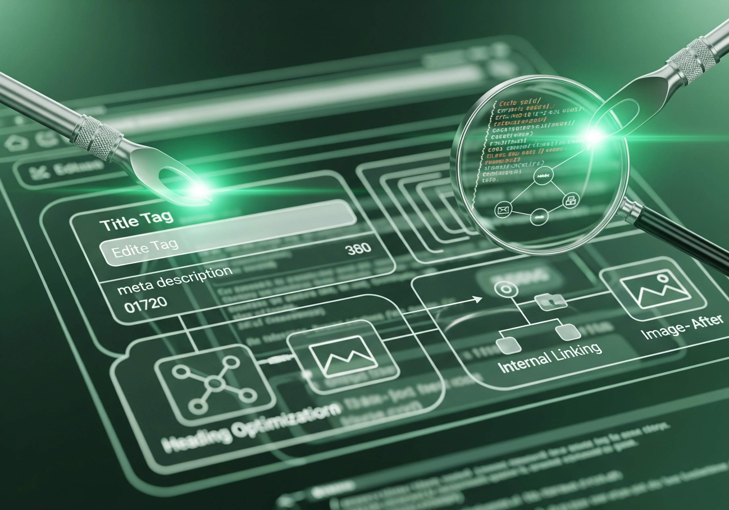 SEO process graphic: title tag, meta description, internal linking, heading optimization