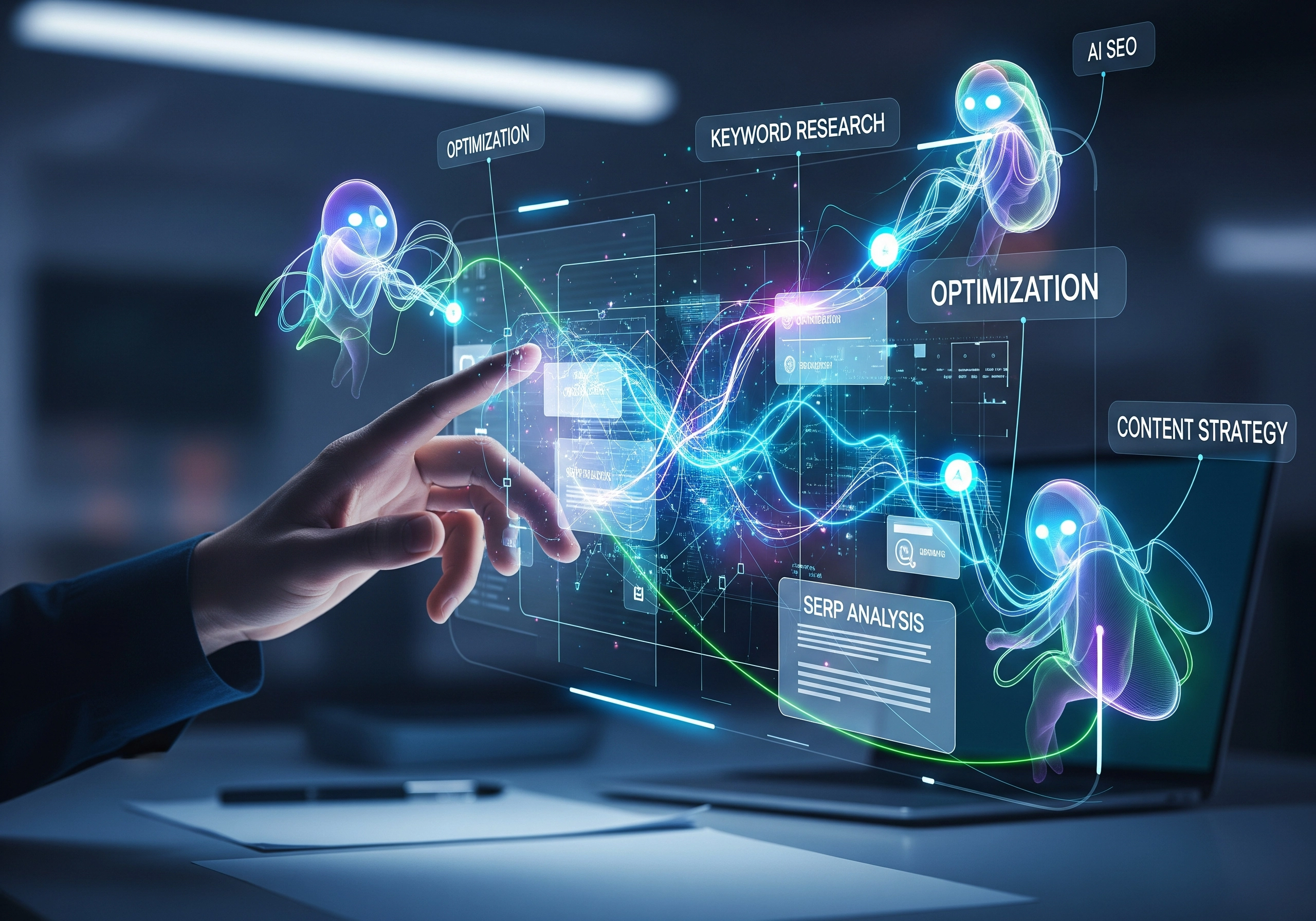 Hand interacting with SEO hologram: keyword research, optimization, content strategy, SERP analysis