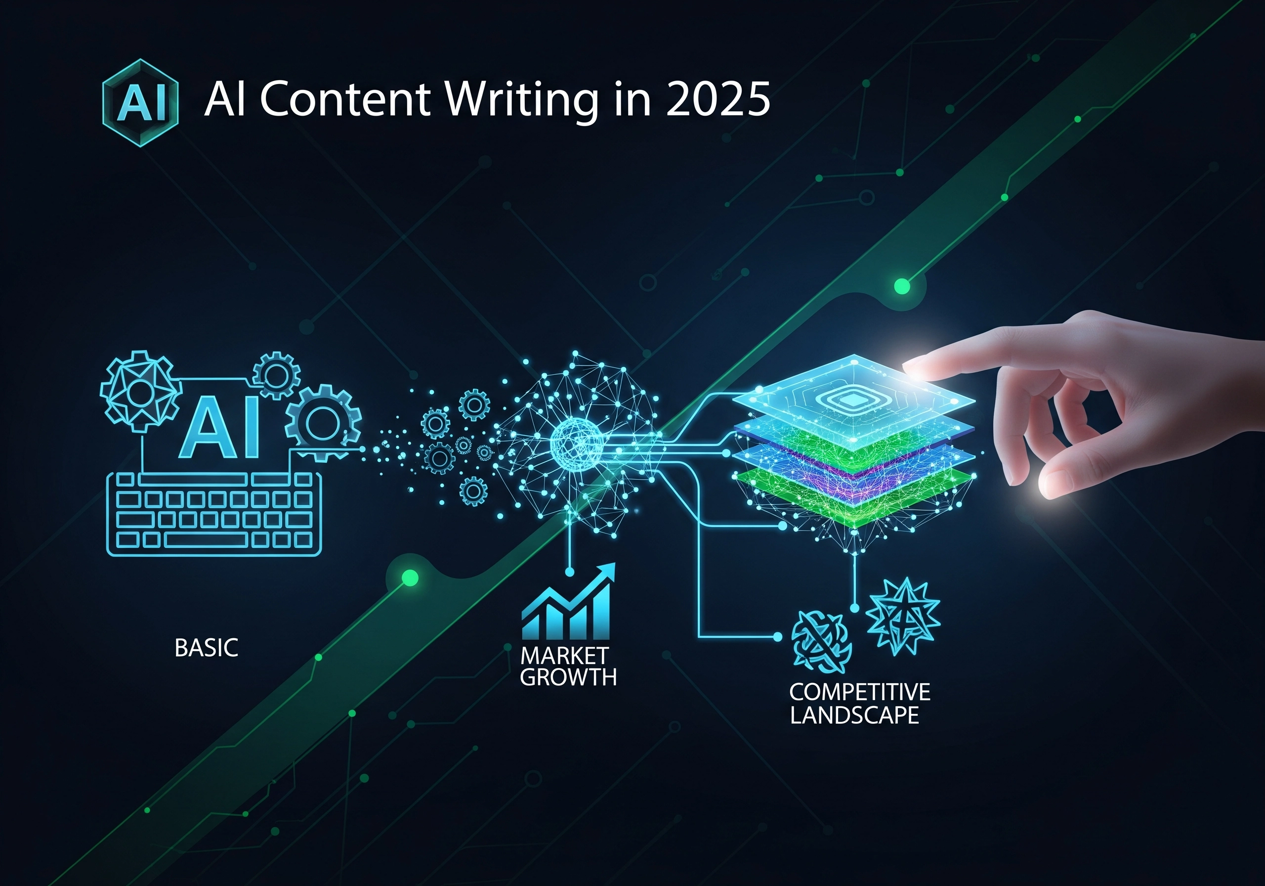 AI content writing illustration showing market growth and competitive landscape.