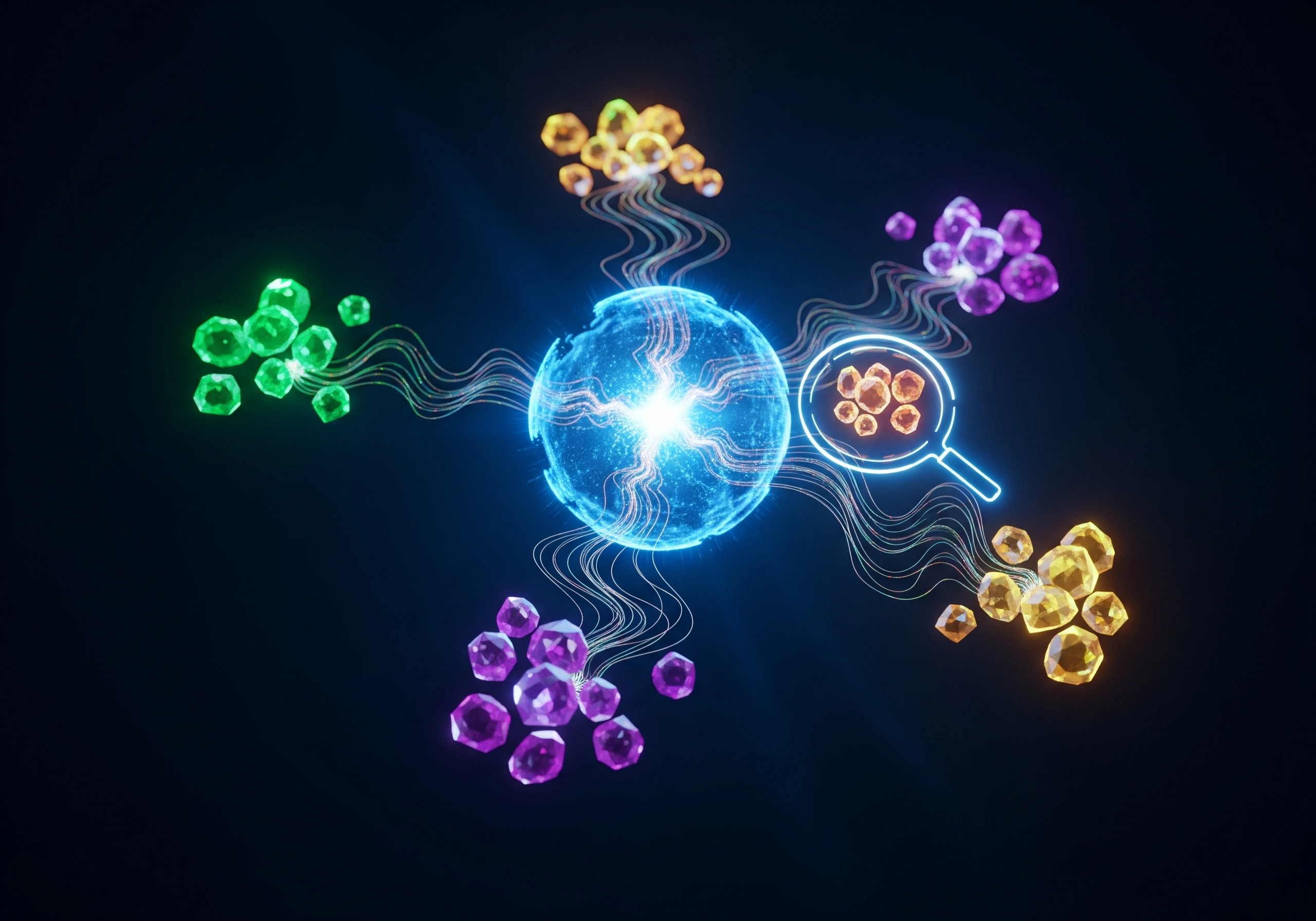 Abstract depiction of AI data analysis with colorful clusters and magnifying glass.