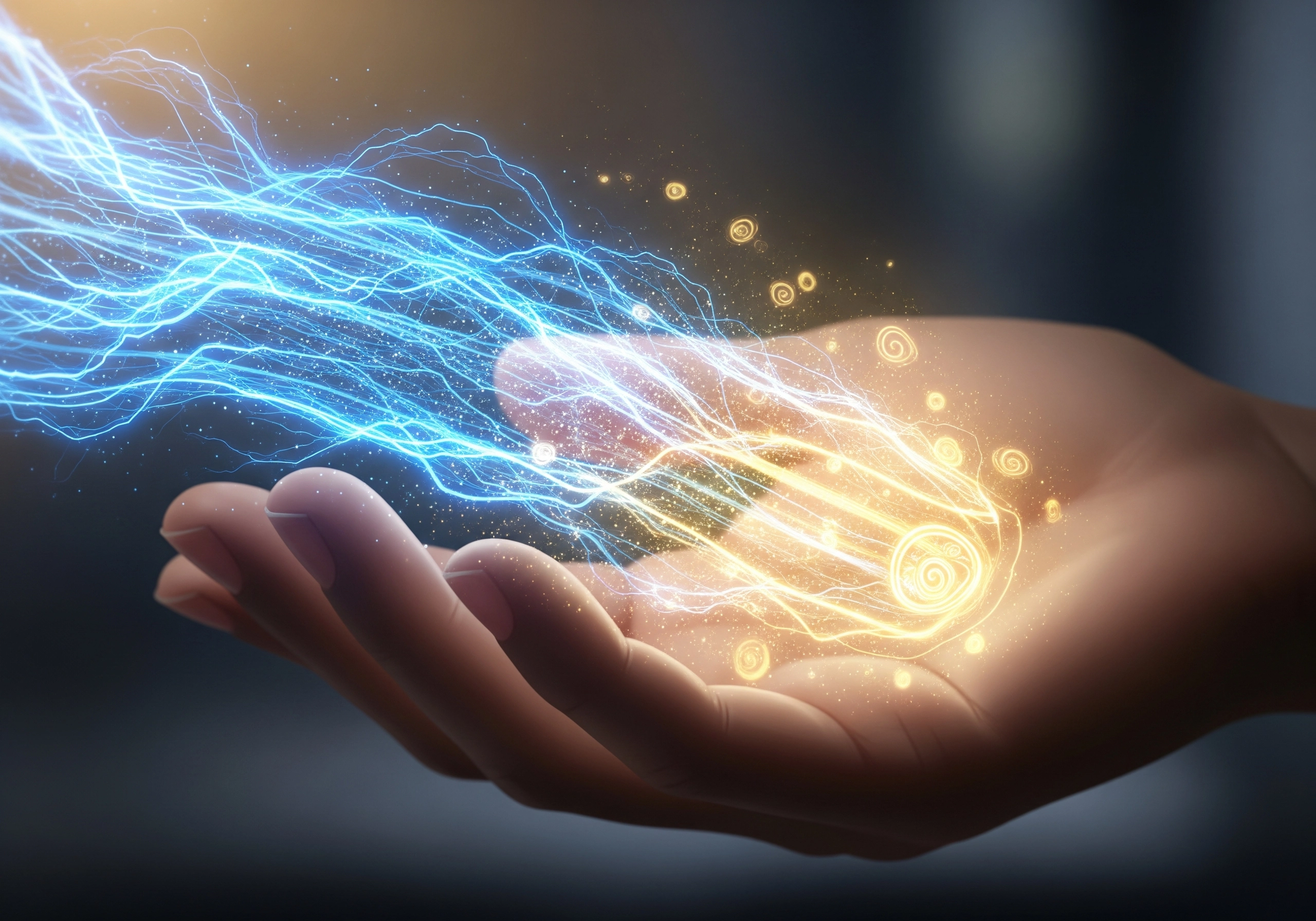 Hand holding streams of blue and gold light, representing AI writing tools.