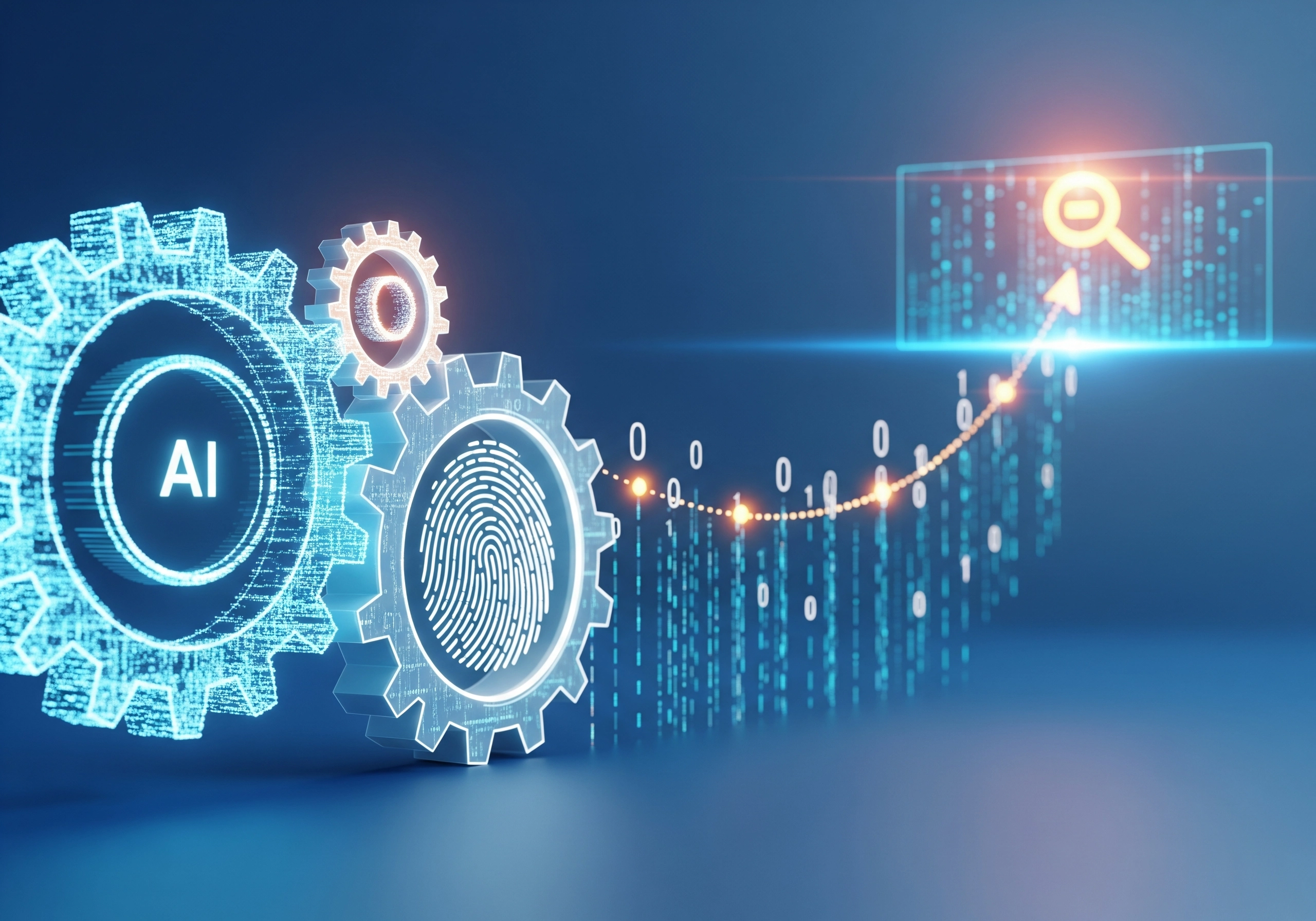 AI gears with fingerprint, SEO graph with magnifying glass, symbolizing AI SEO content writing.