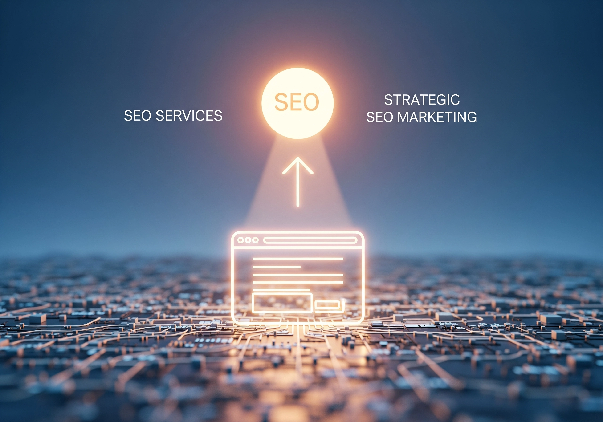 SEO services concept with website, arrow, and strategic SEO marketing