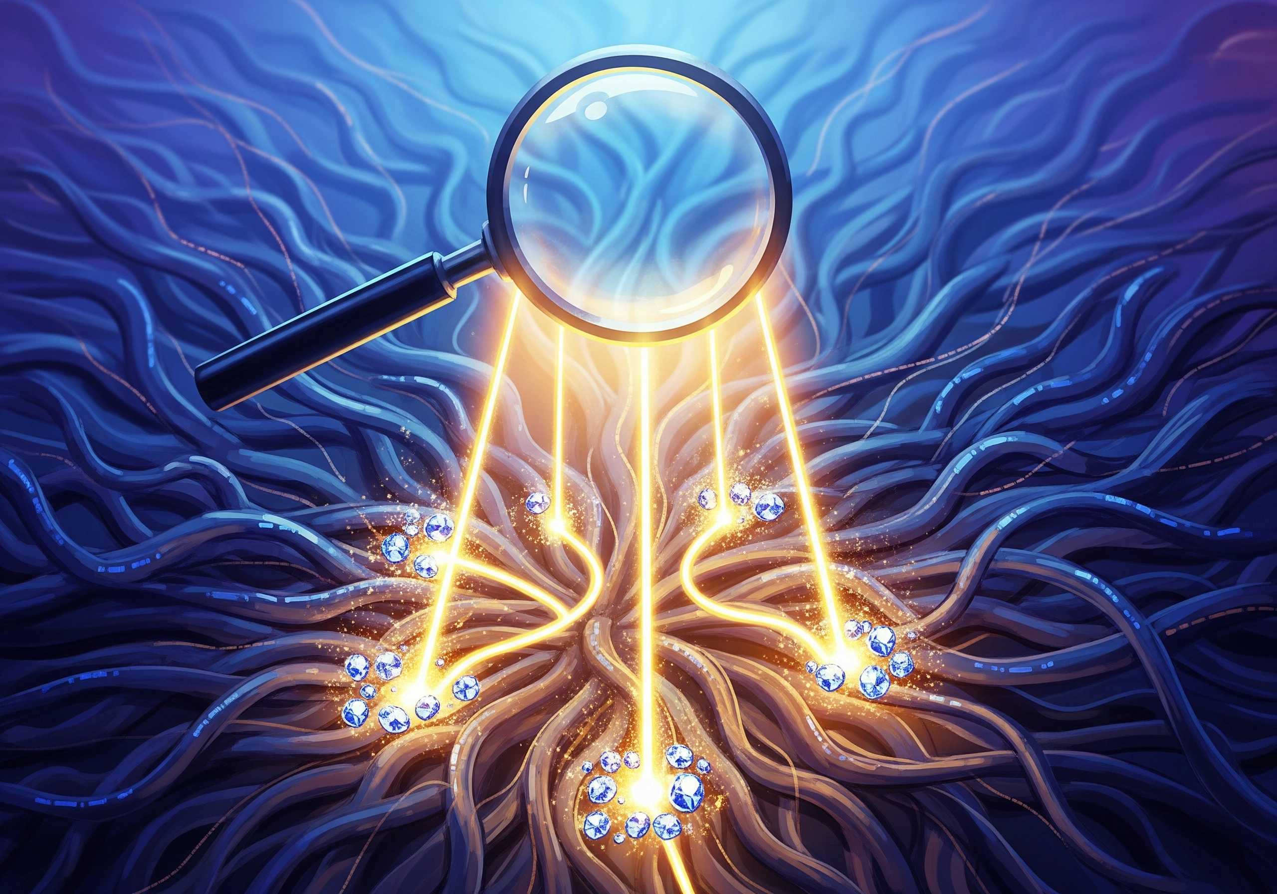 Magnifying glass over glowing networks, concept for search engine marketing