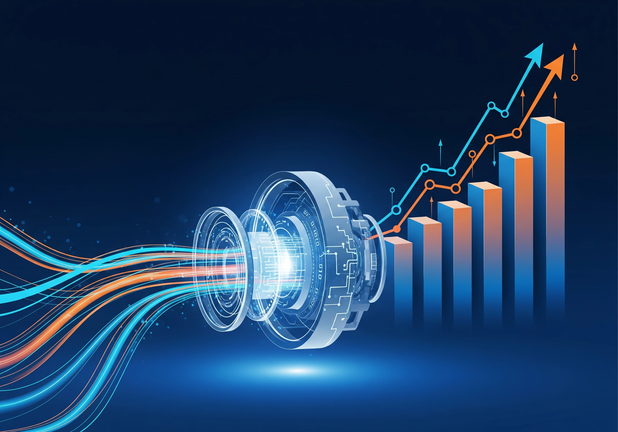 Abstract SEO illustration showing upward trending chart and data flow.
