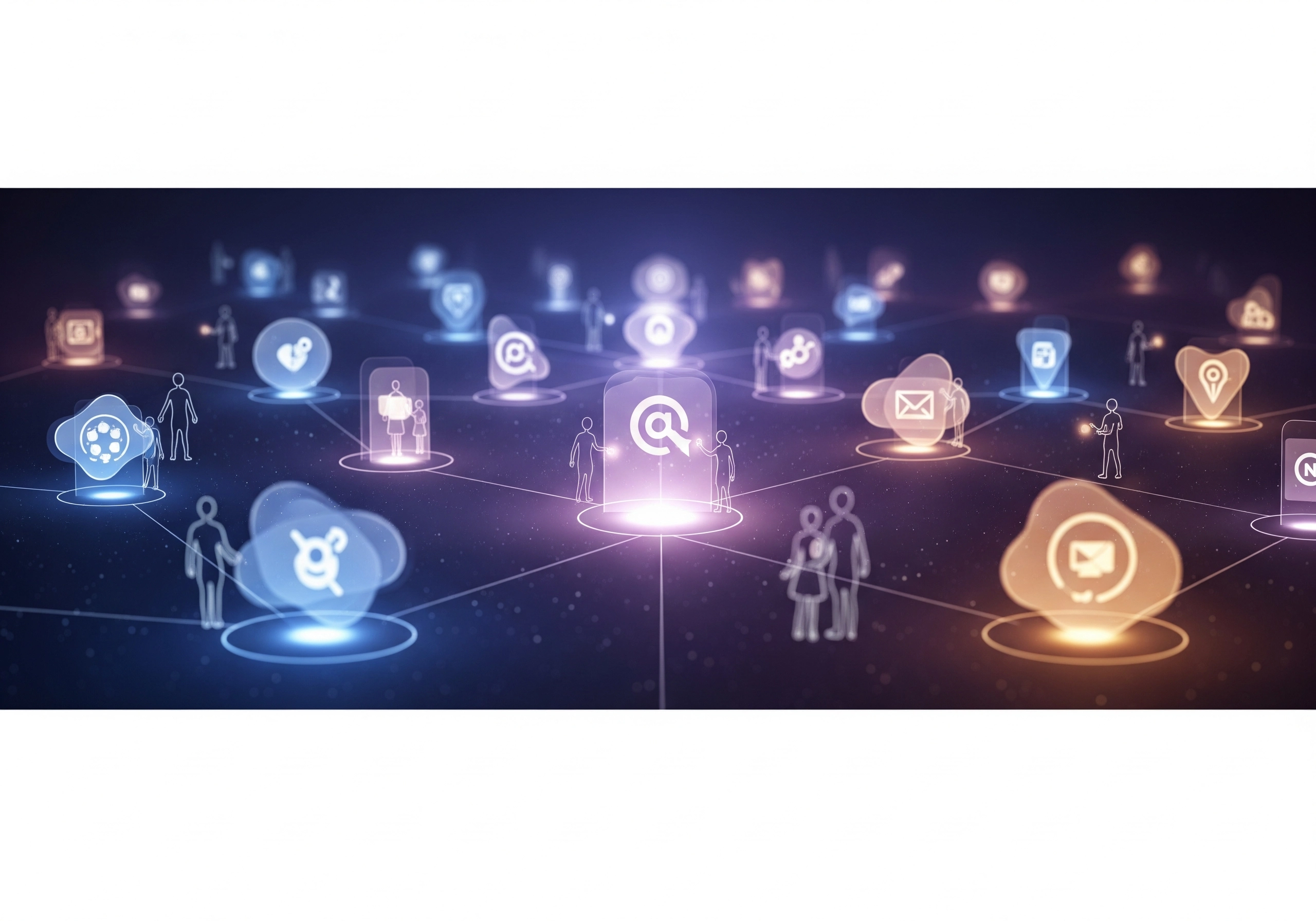 Network of glowing SEO and marketing icons connecting people online.