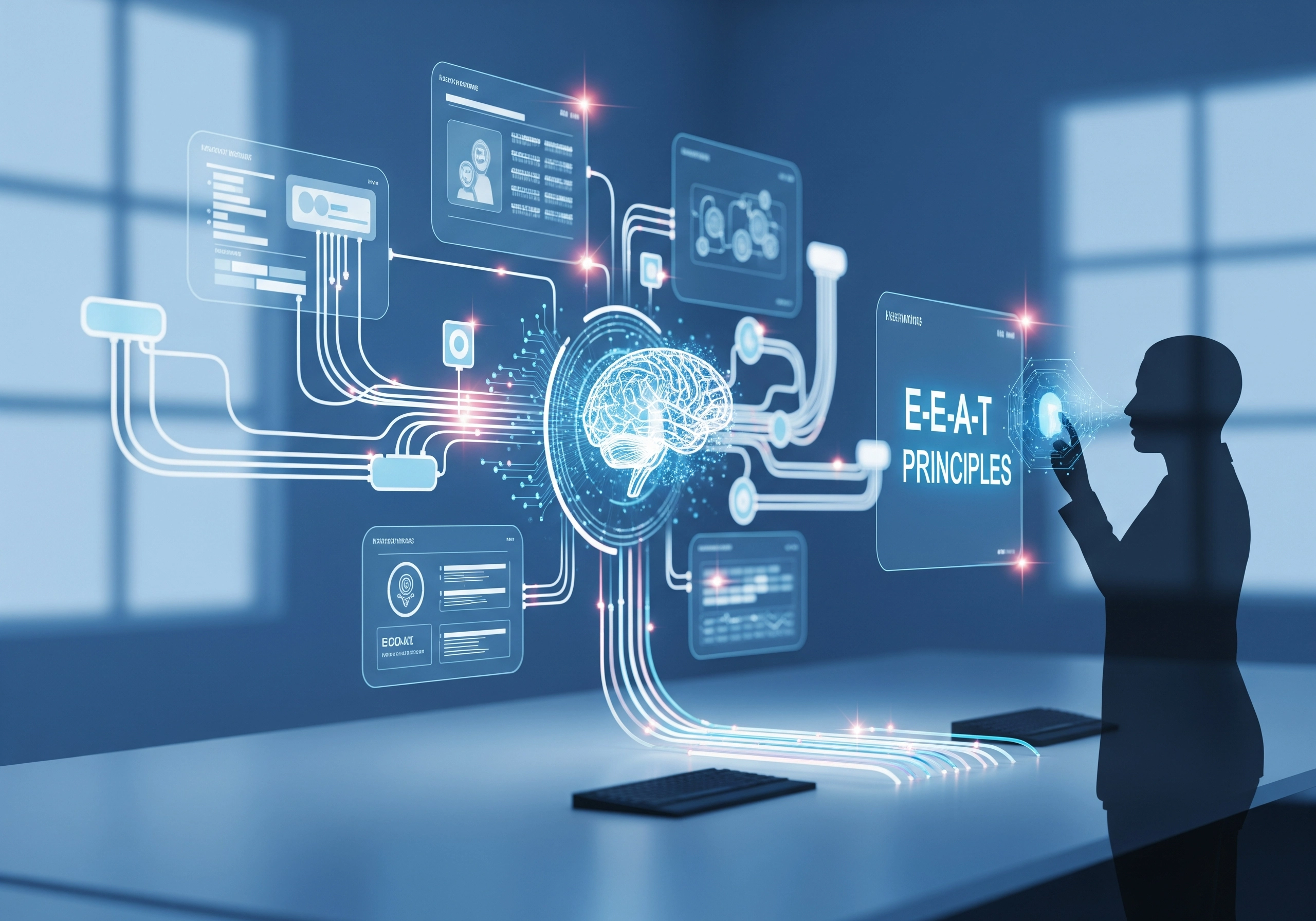 E-E-A-T principles interface, representing expertise, authoritativeness, and trustworthiness for AI SEO.