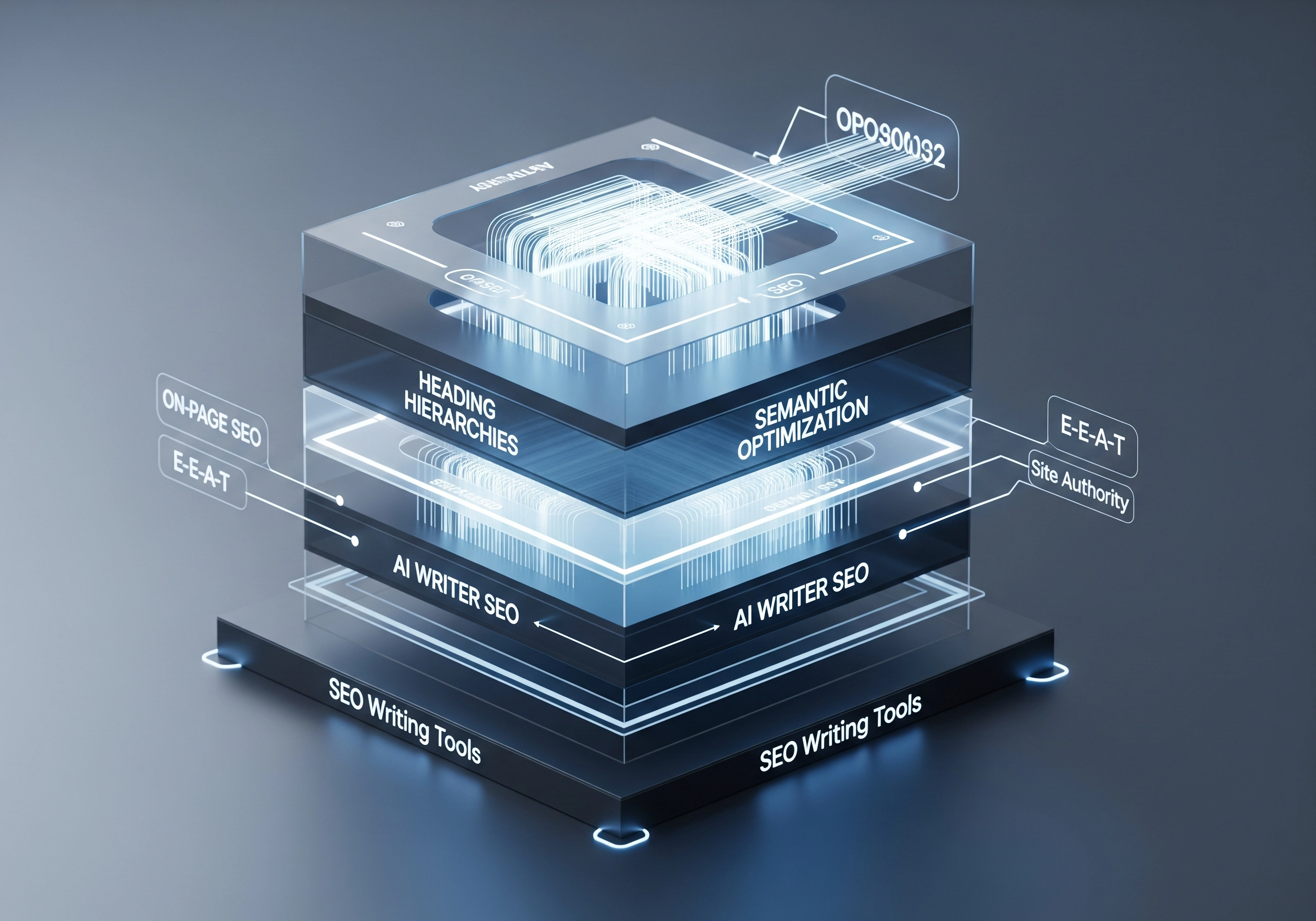 3D layered diagram of AI SEO writing tools and workflow, including heading hierarchies.