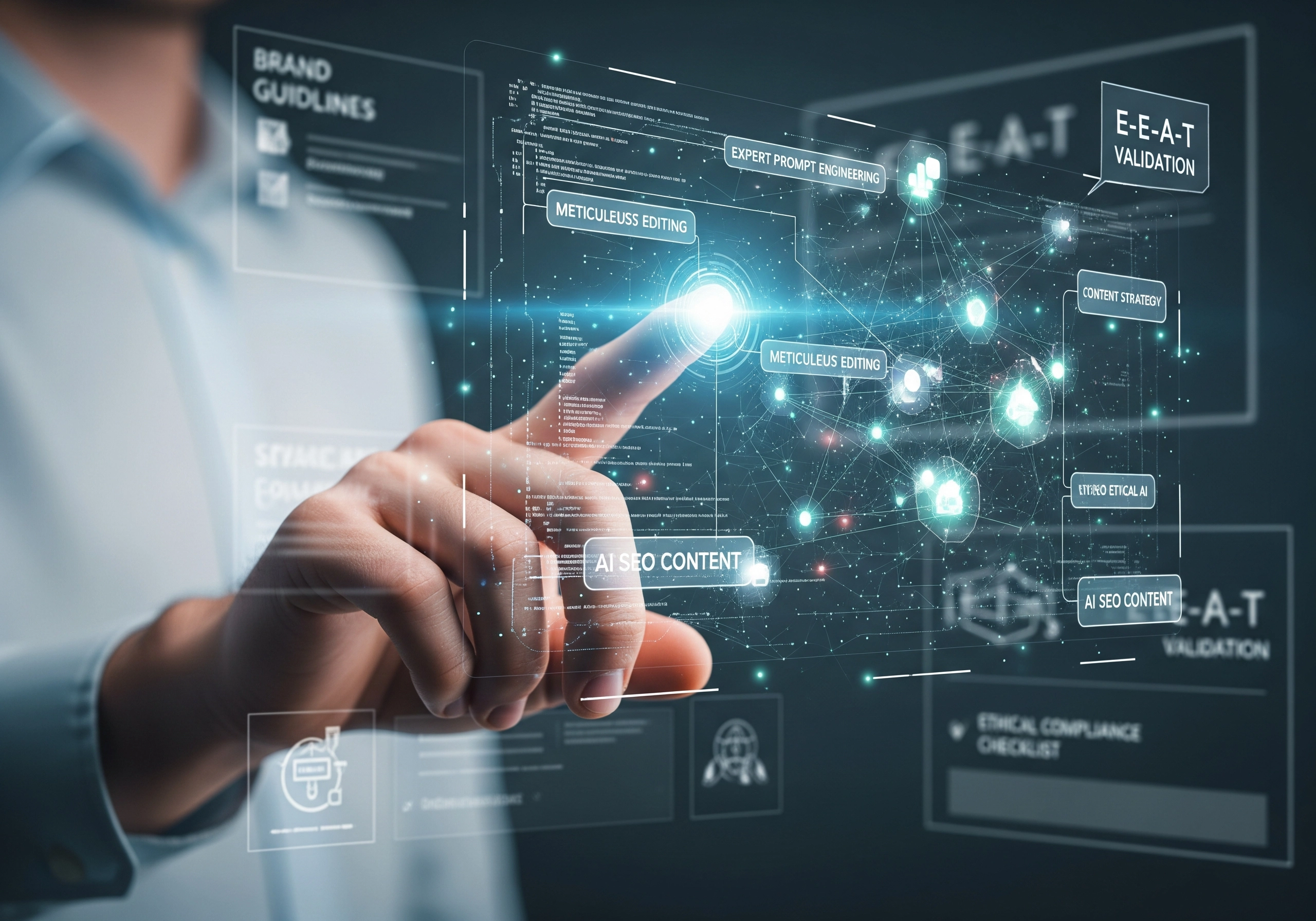 Hand interacting with AI SEO content interface, showing meticulous editing and E-E-A-T validation.