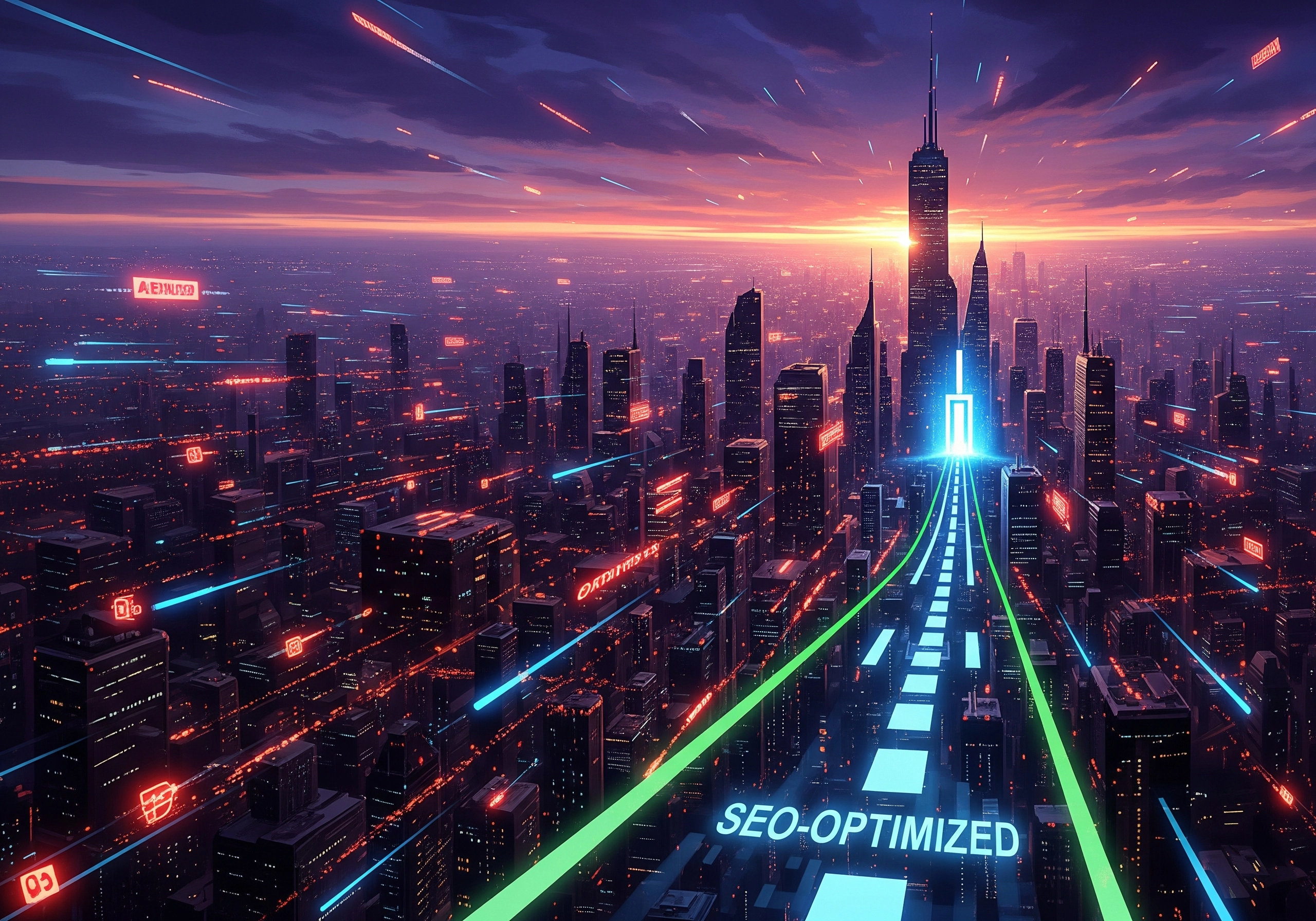 Futuristic cityscape with SEO-optimized path, representing content strategy in 2025.
